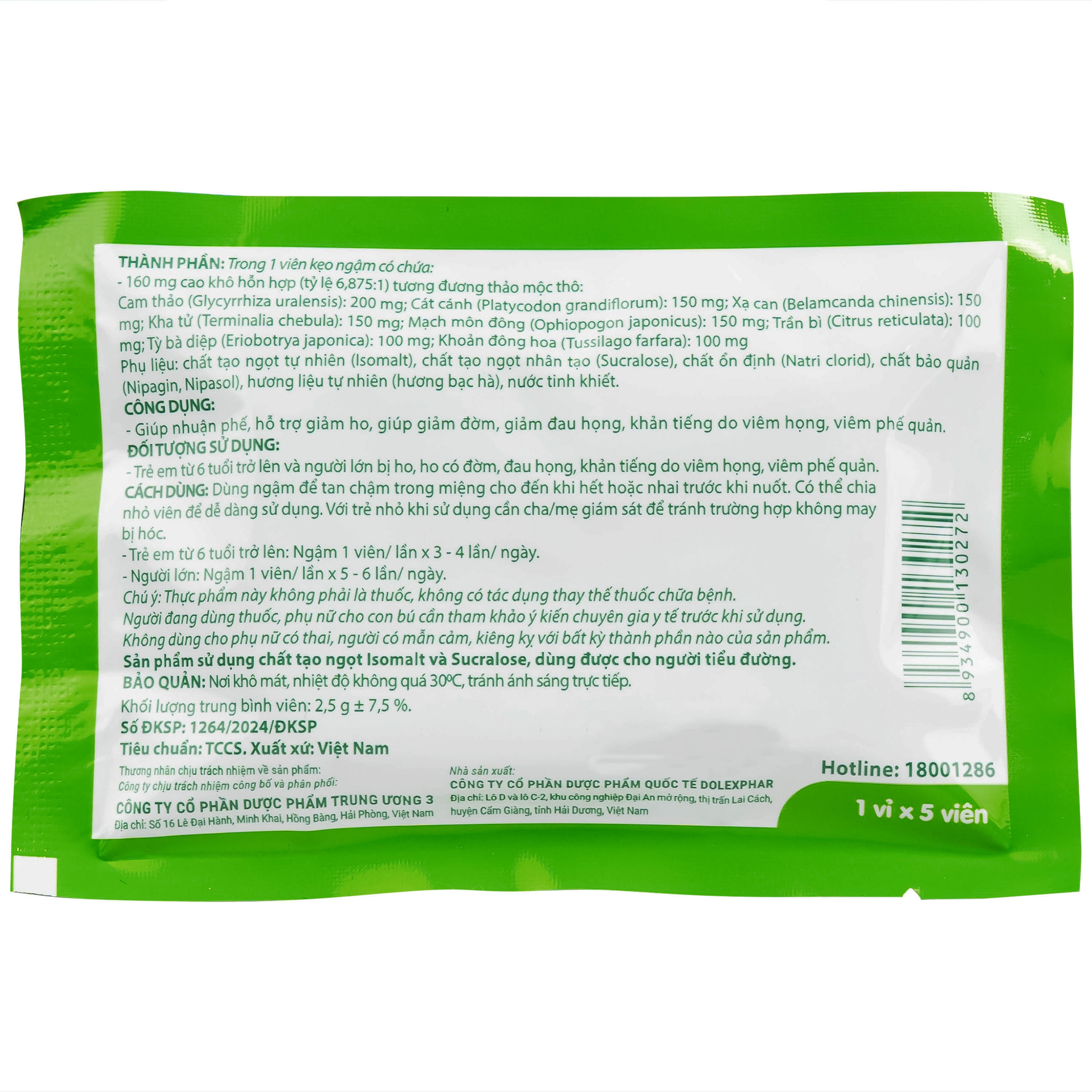 Hình ảnh Viên ngậm Vihodan TW3 giúp nhuận phế, hỗ trợ giảm ho, giúp giảm đờm, giảm đau họng (20 vỉ x 5 viên)