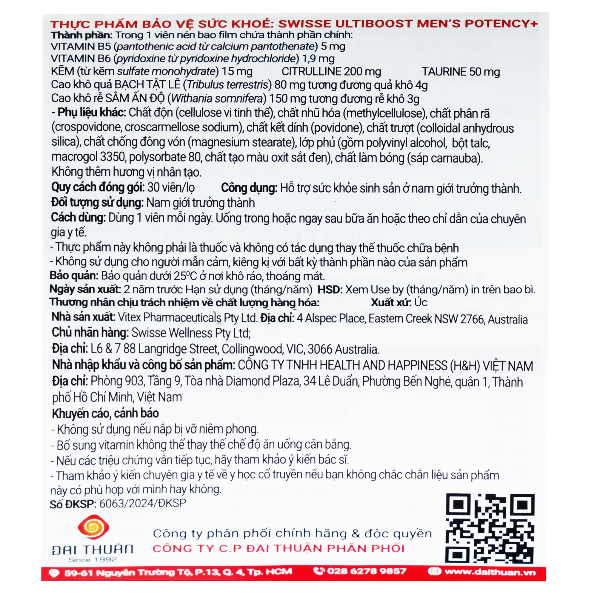 Hình ảnh Viên uống hỗ trợ sức khỏe sinh sản nam giới Men’s Potency+ Swisse (30 viên)