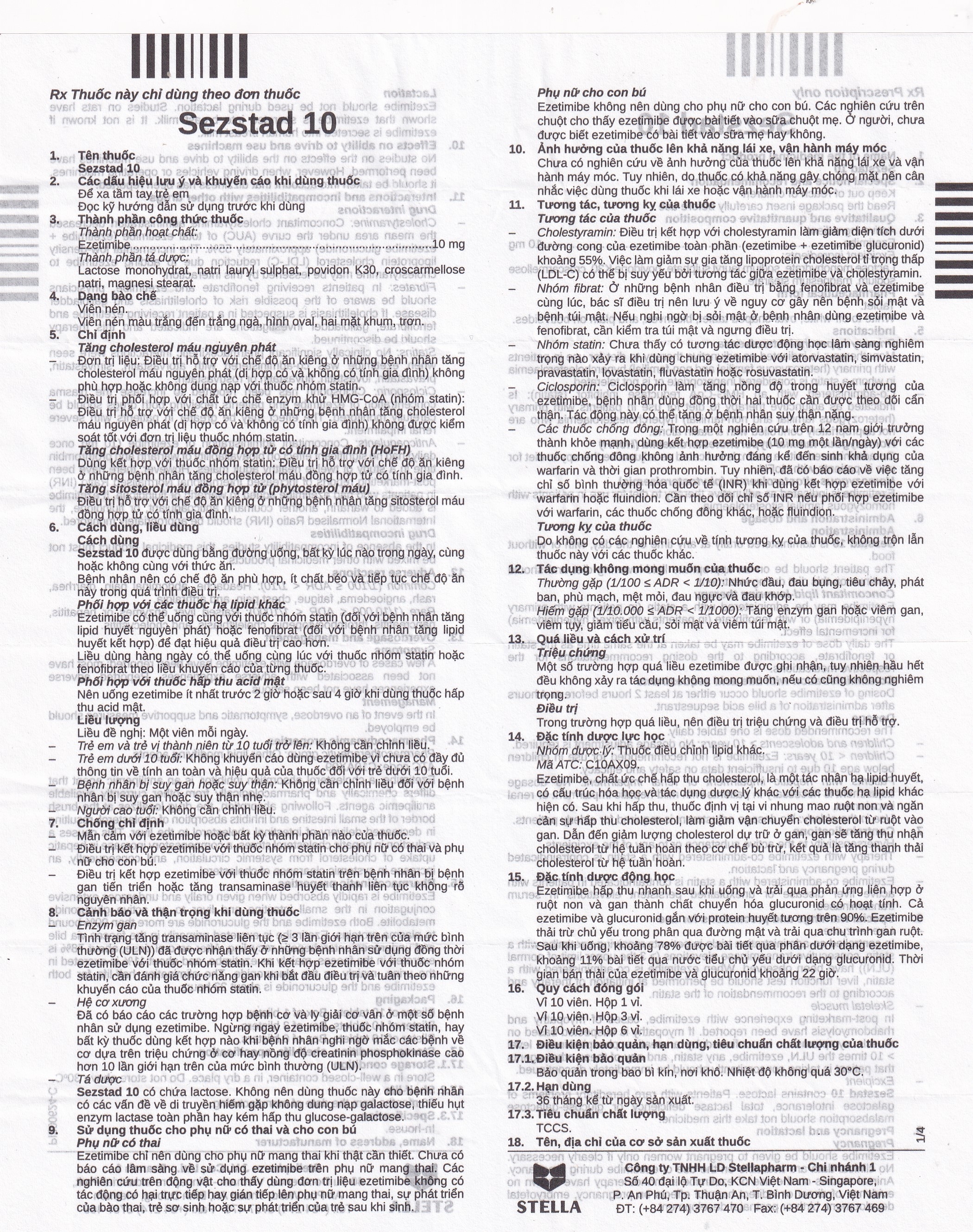 Hình ảnh Thuốc Sezstad 10 Stella điều trị tăng cholesterol máu nguyên phát (6 vỉ x 10 viên)