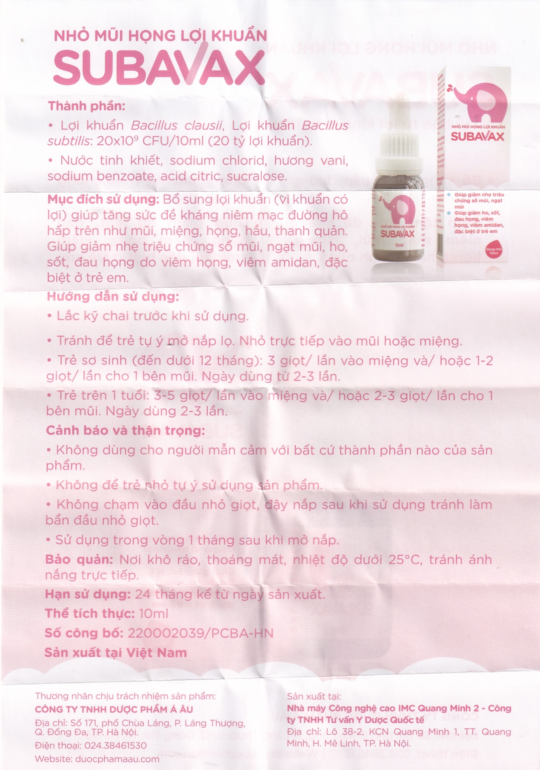 Hình ảnh Nhỏ mũi họng lợi khuẩn Subavax 10ml Á Âu tăng sức đề kháng niêm mạc đường hô hấp trên