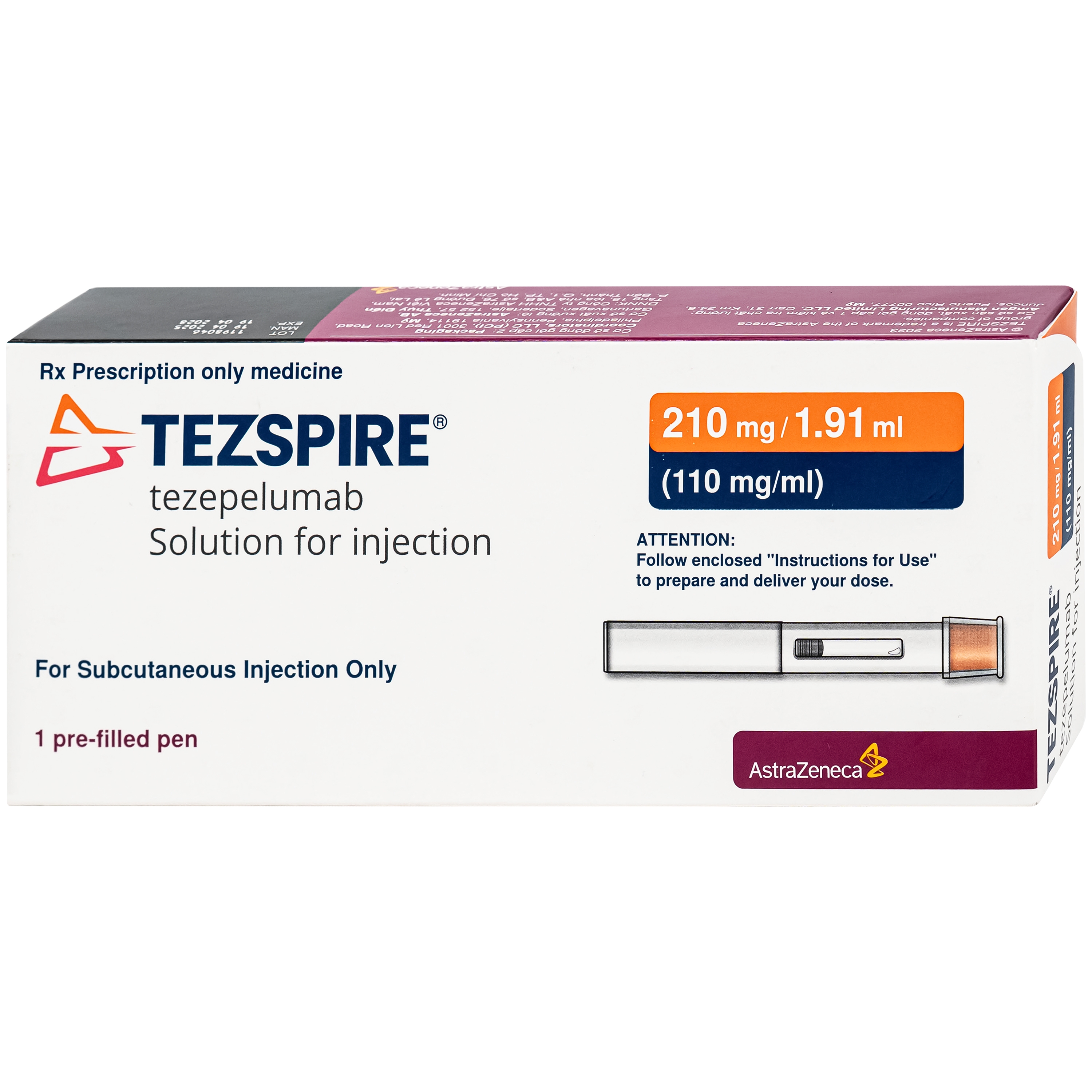 Hình ảnh Dung dịch bút tiêm Tezspire 210mg Astrazeneca được chỉ định điều trị duy trì cho người lớn và trẻ vị thành niên từ 12 tuổi trở lên bị hen nặng (1.91ml)