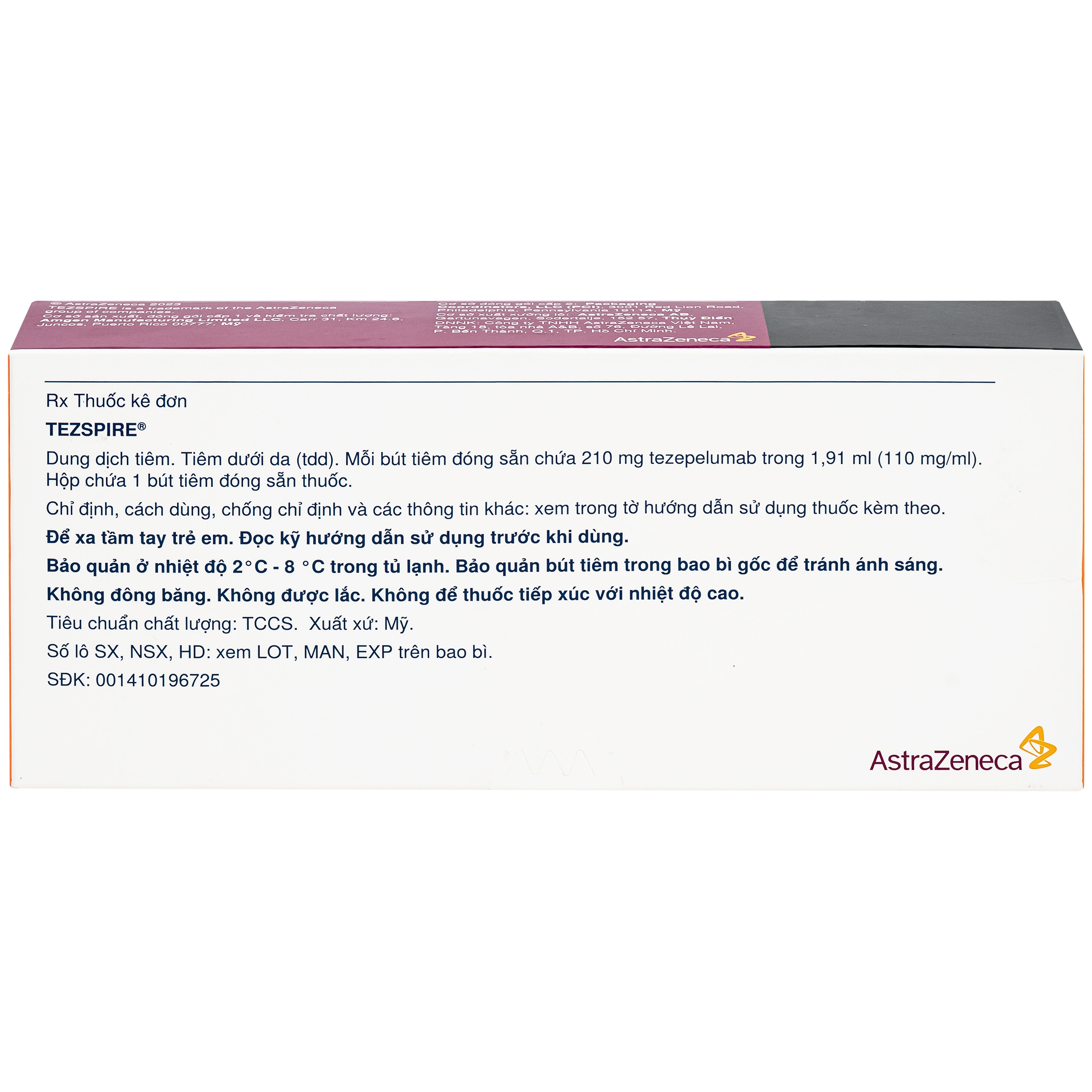Hình ảnh Dung dịch bút tiêm Tezspire 210mg Astrazeneca được chỉ định điều trị duy trì cho người lớn và trẻ vị thành niên từ 12 tuổi trở lên bị hen nặng (1.91ml)