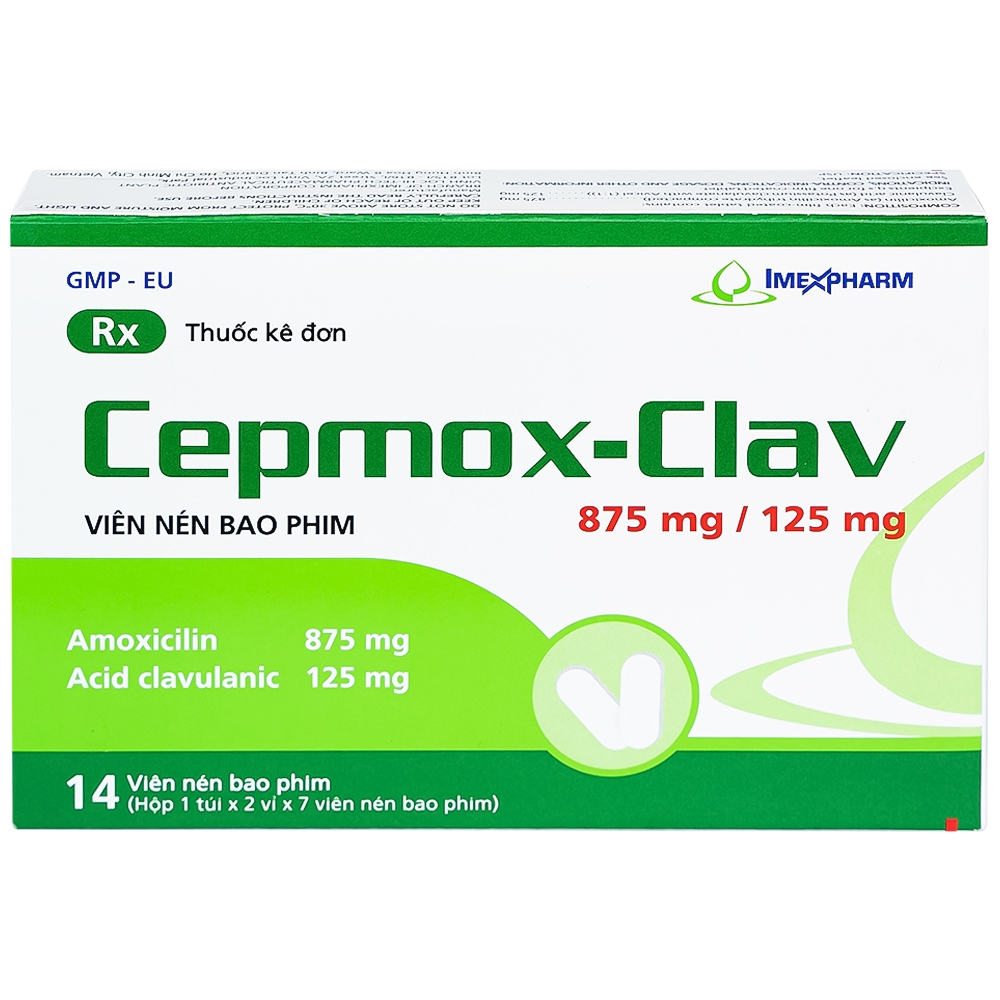 Hình ảnh Thuốc Cepmox-Clav 875mg/125mg Imexpharm điều trị viêm xoang cấp tính do vi khuẩn, viêm tai giữa cấp tính (2 vỉ x 7 viên)