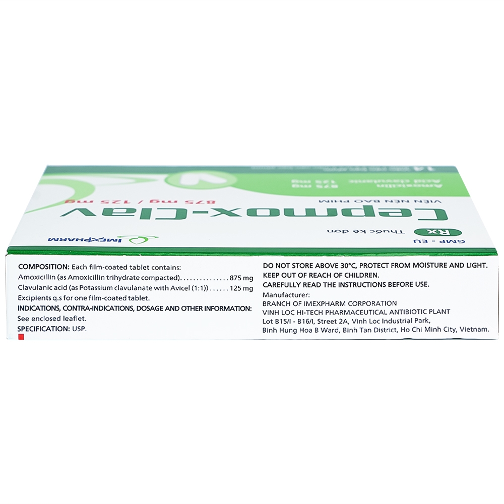Hình ảnh Thuốc Cepmox-Clav 875mg/125mg Imexpharm điều trị viêm xoang cấp tính do vi khuẩn, viêm tai giữa cấp tính (2 vỉ x 7 viên)