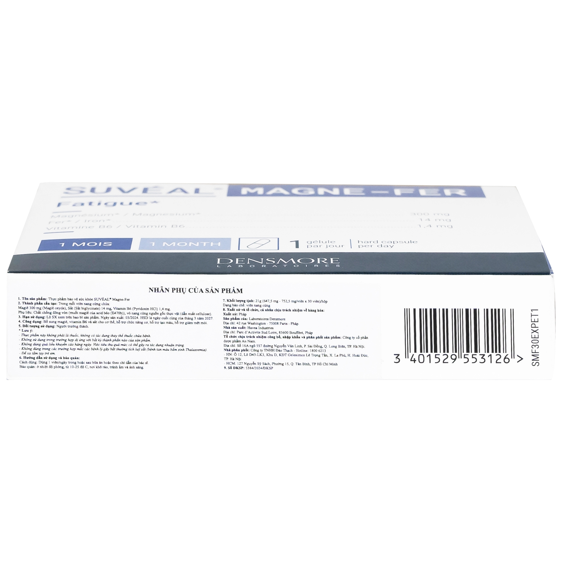 Hình ảnh Viên uống Suvéal Magne-Fer Densmore bổ sung magie, vitamin B6 và sắt cho cơ thể (2 vỉ x 15 viên)