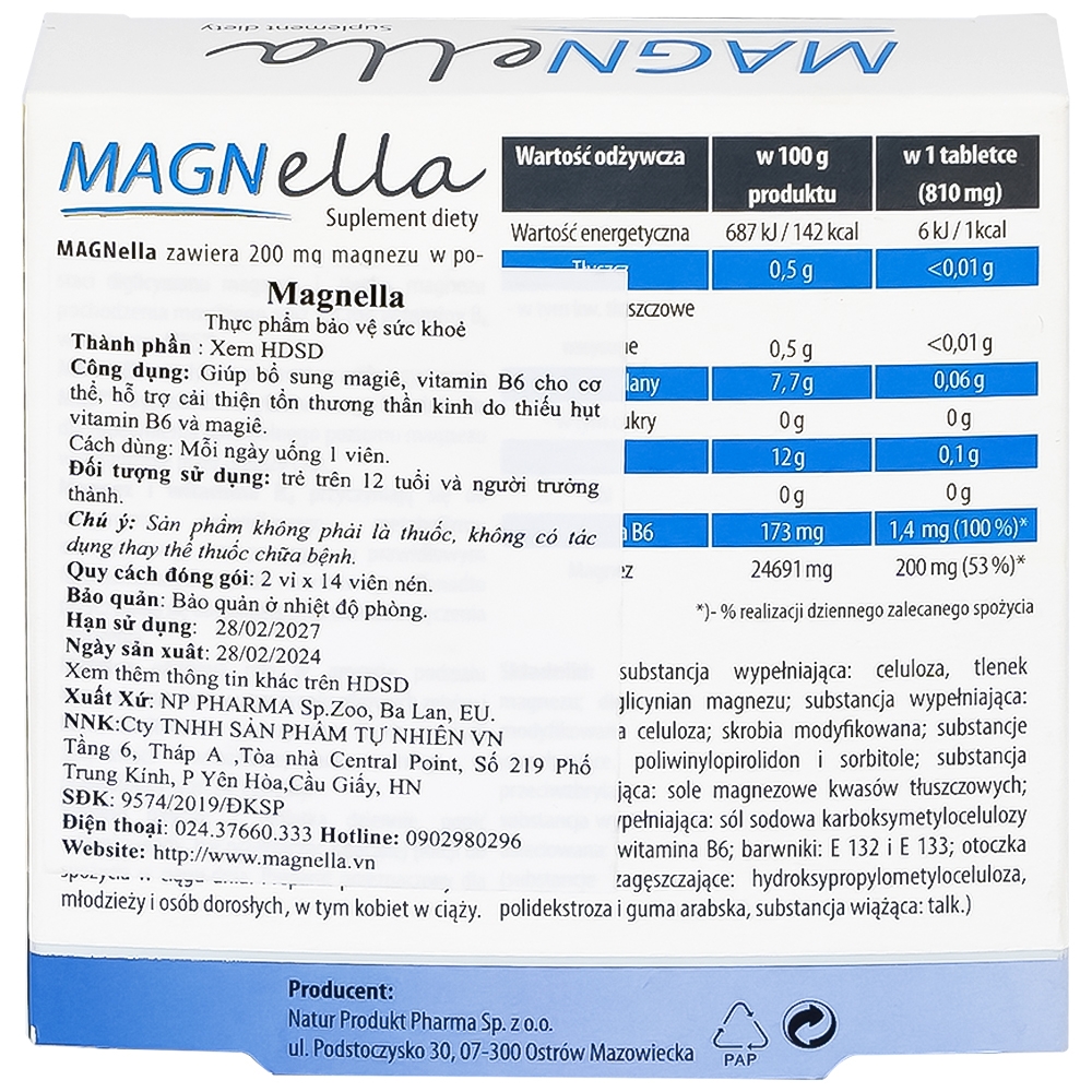 Hình ảnh Viên uống Magnella Natur Produkt Pharma hỗ trợ cải thiện tổn thương thần kinh do thiếu vitamin B6, magiê (2 vỉ x 14 viên)
