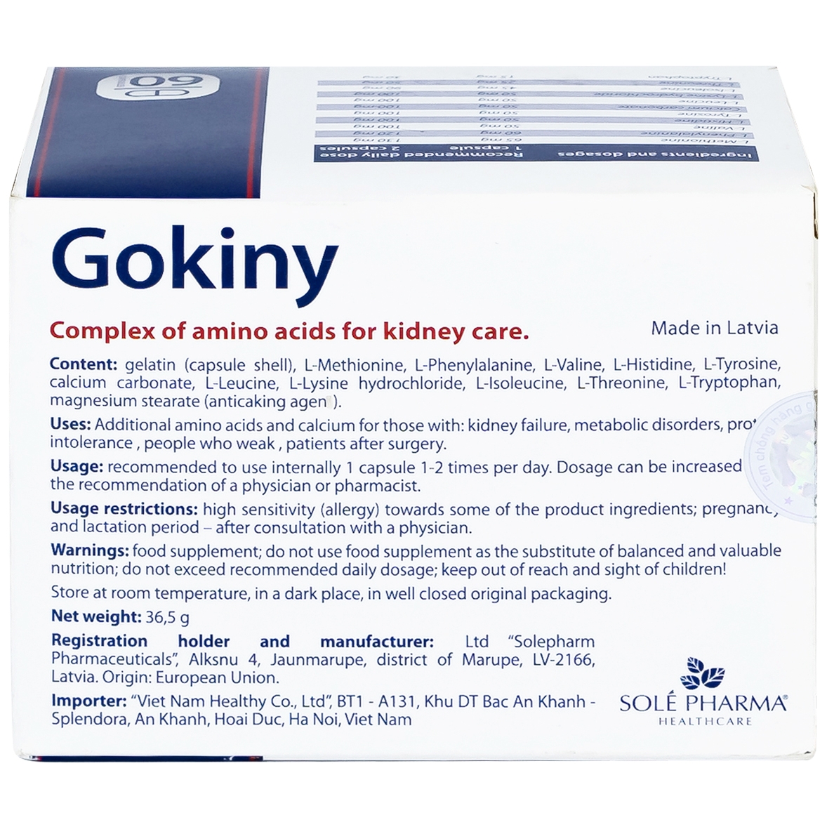 Hình ảnh Viên uống Gokiny Solé Pharm bổ sung các amino acid cho cơ thể, tăng cường sức khỏe (6 vỉ x 10 viên)