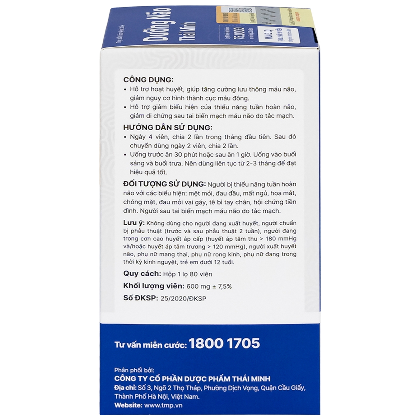 Hình ảnh Viên uống Dưỡng Não Thái Minh hỗ trợ hoạt huyết, tăng cường lưu thông máu não (80 viên)