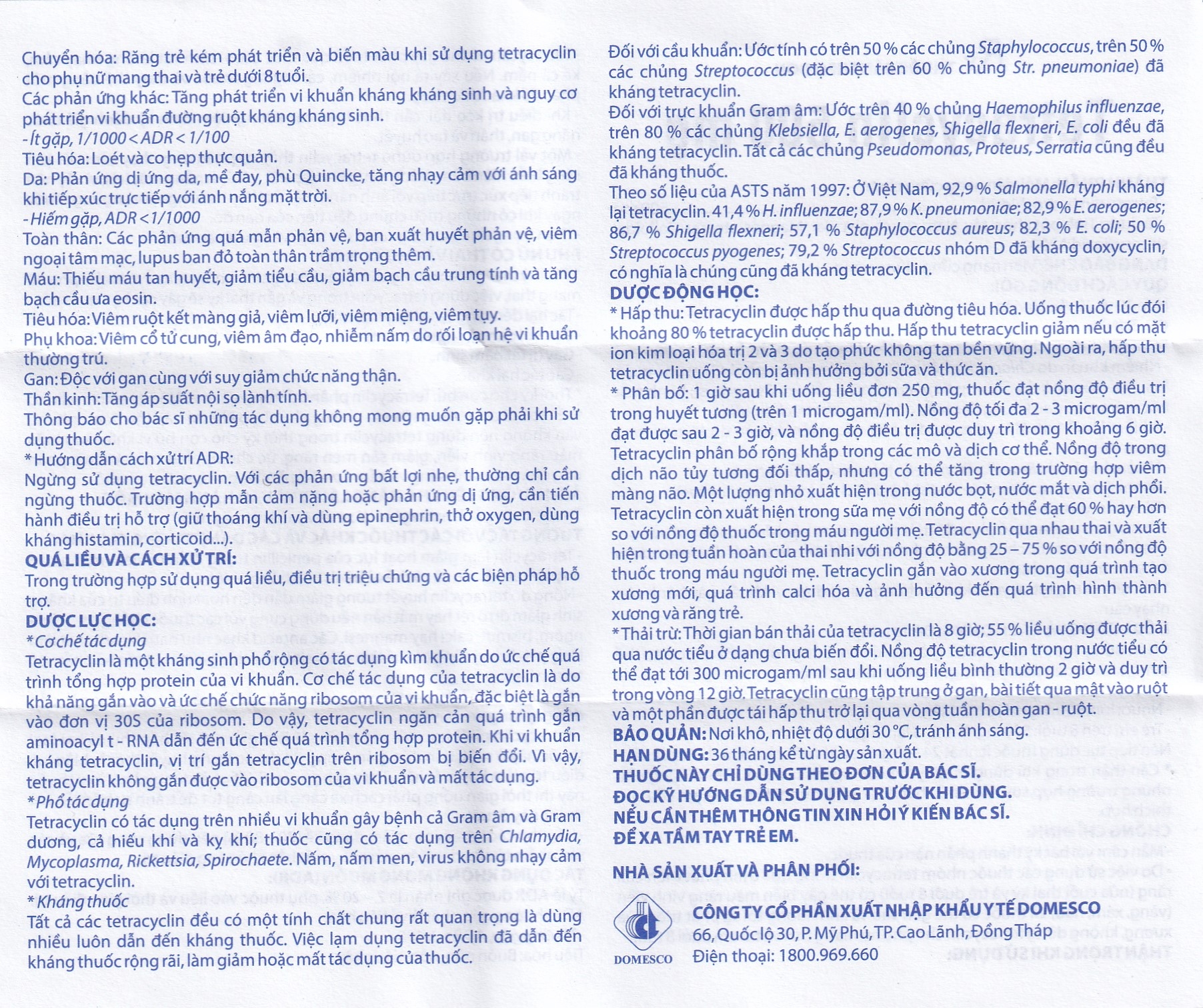 Hình ảnh Thuốc Tetracyclin 500mg Domesco điều trị nhiễm khuẩn do vi khuẩn nhạy cảm (20 vỉ x 10 viên)