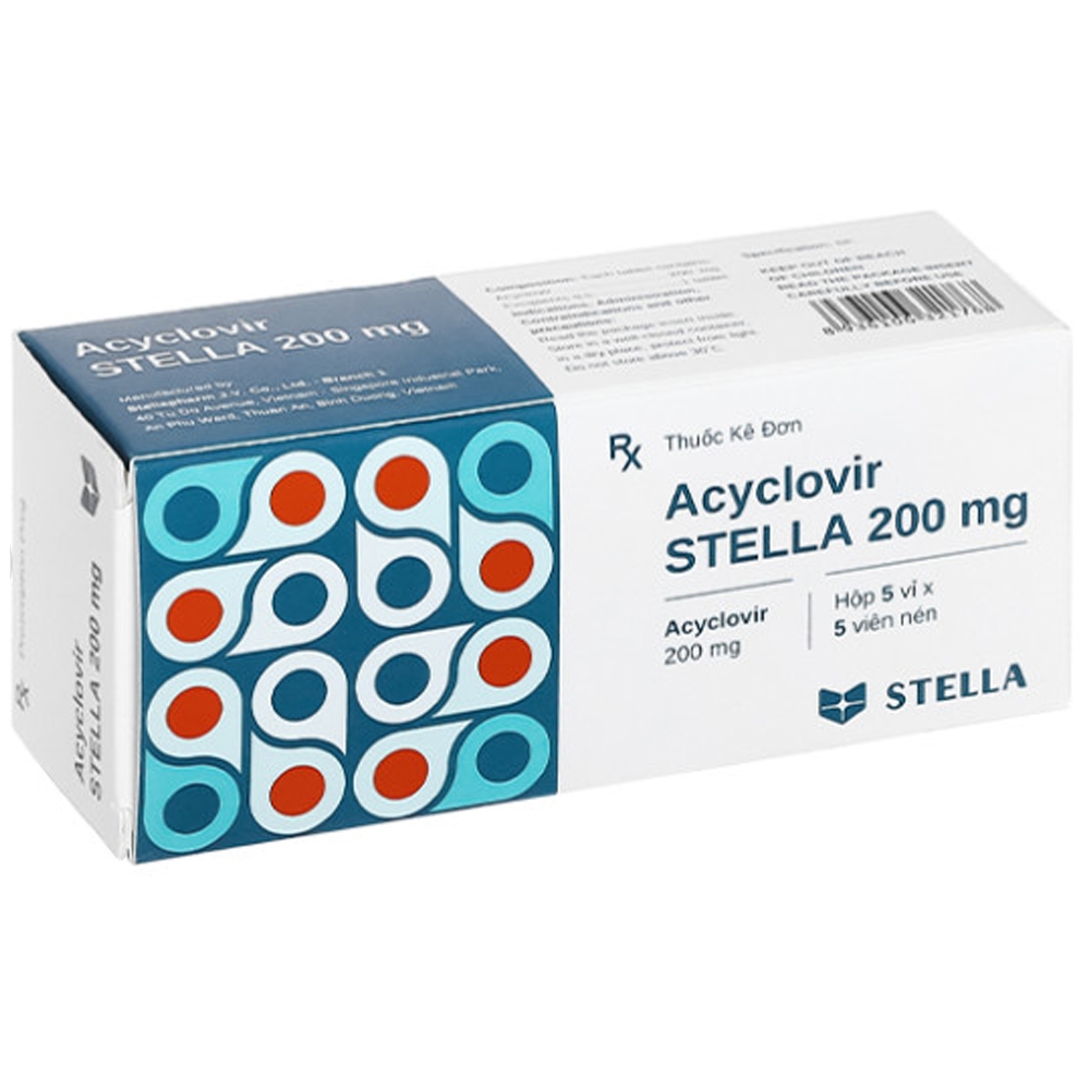 Hình ảnh Thuốc Acyclovir Stella 200mg điều trị nhiễm Herpes simplex, Varicella zoster (5 vỉ x 5 viên)