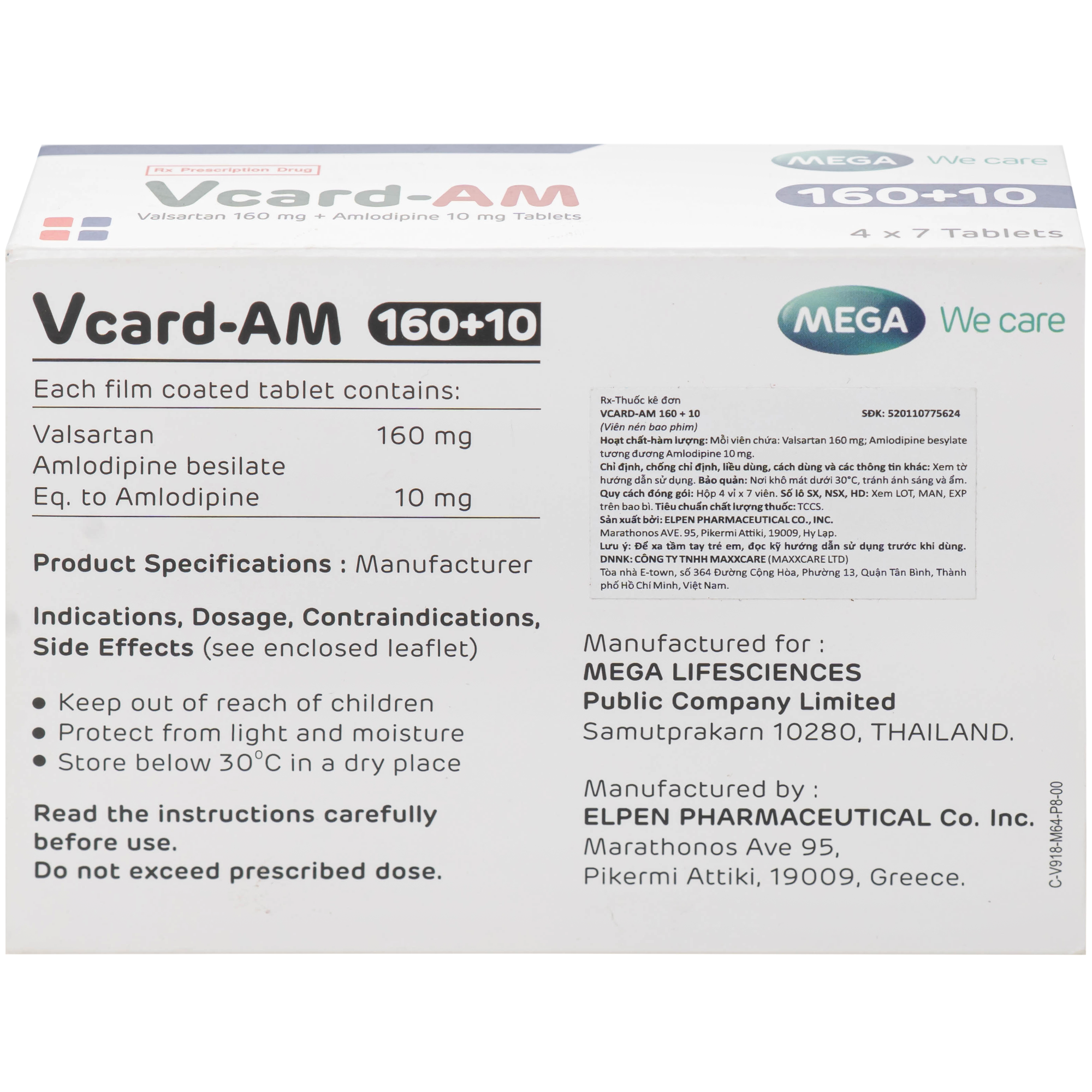 Hình ảnh Thuốc Vcard-am 160/10mg Mega Điều trị tăng huyết áp vô căn (4 vỉ x 7 viên)
