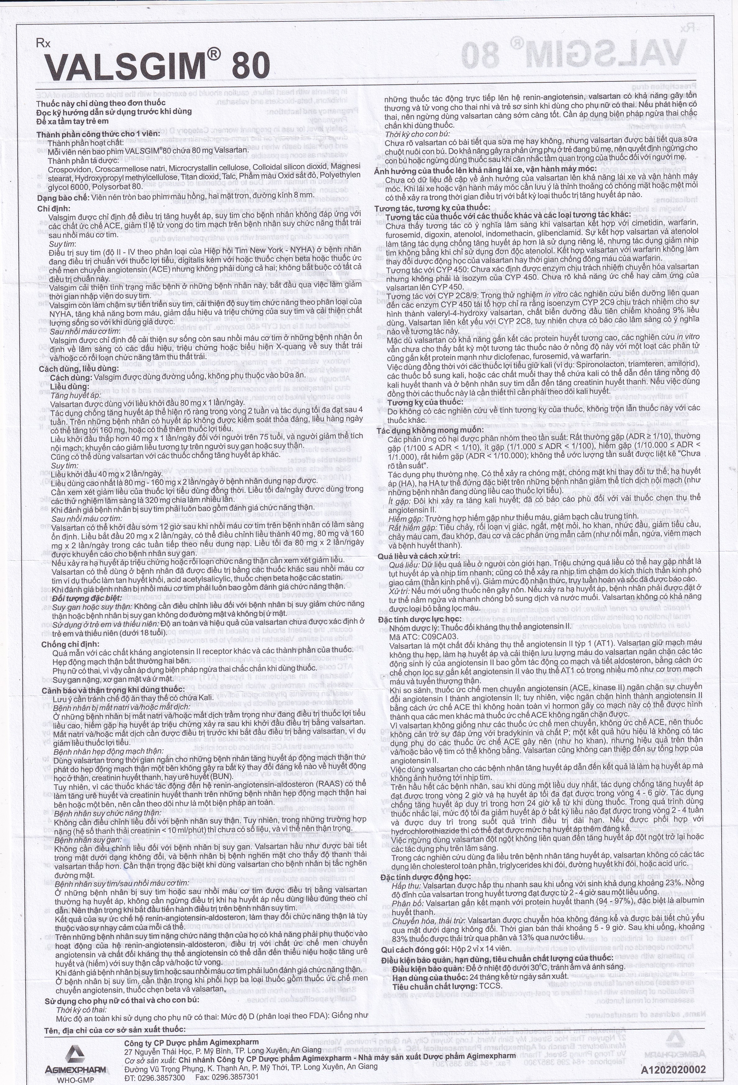 Hình ảnh Thuốc Valsgim 80 Agimexpharm điều trị tăng huyết áp, suy tim (2 vỉ x 14 viên)