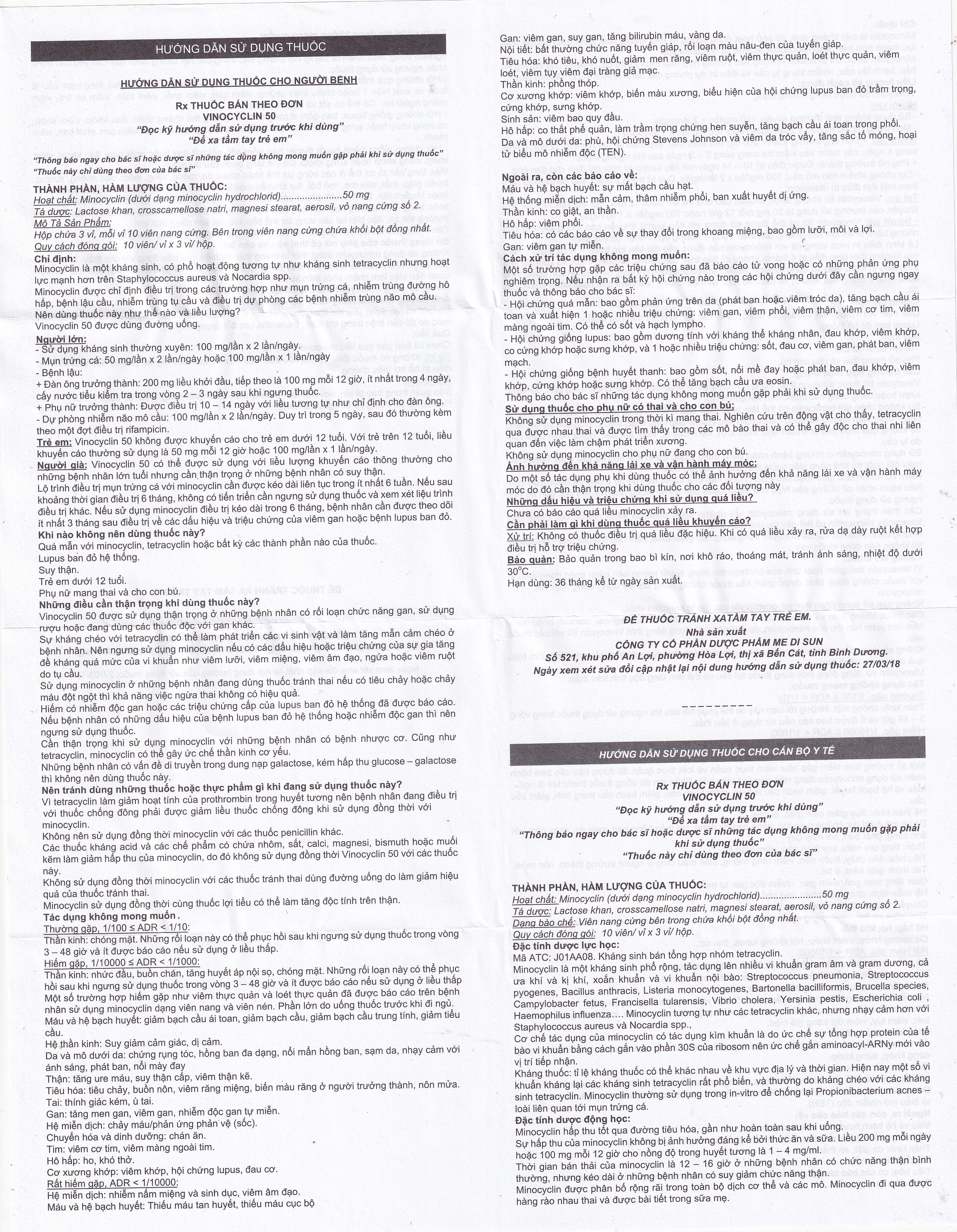 Hình ảnh Thuốc Vinocyclin 50 Medisun điều trị mụn trứng cá, nhiễm trùng đường hô hấp (3 vỉ x 10 viên)