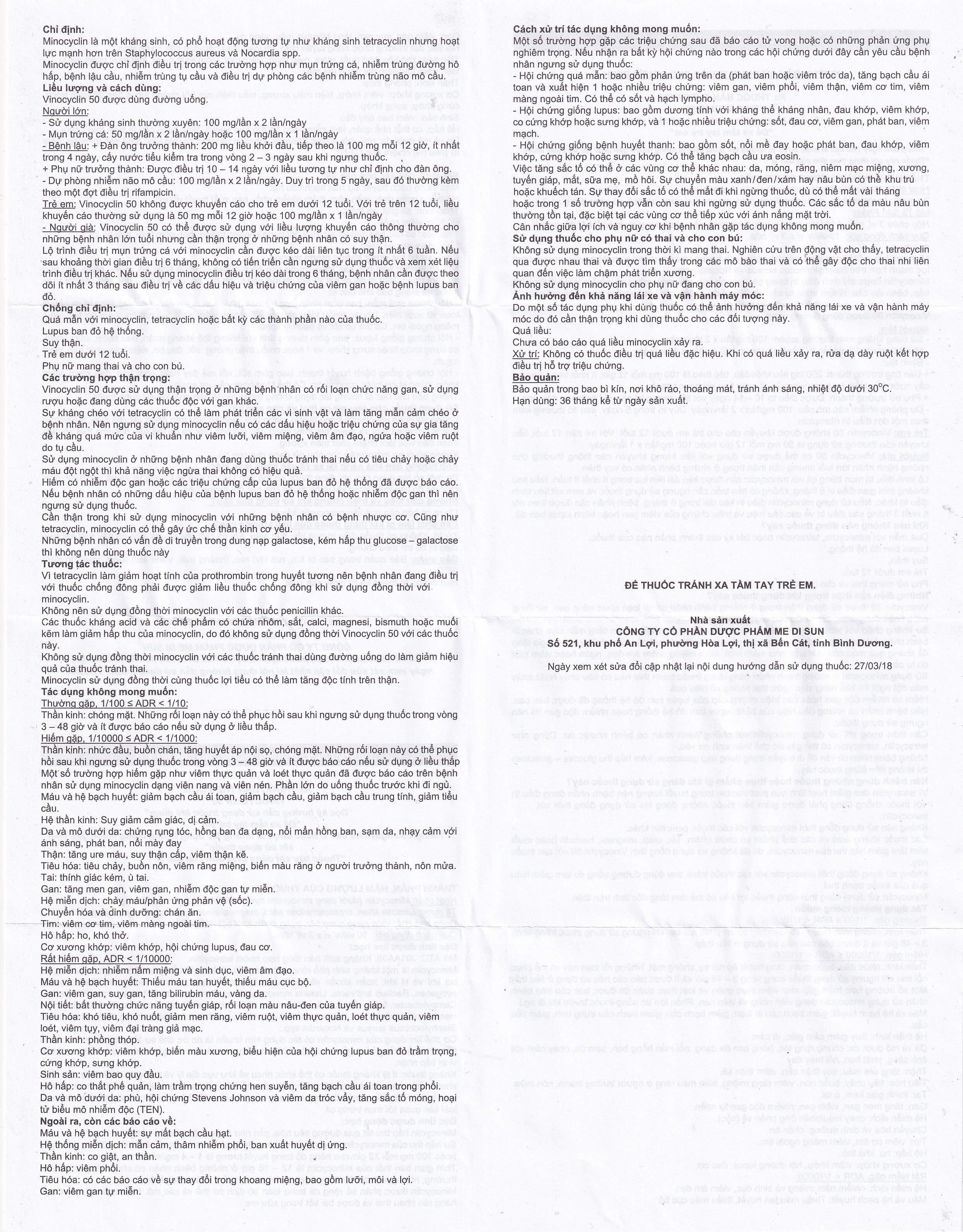 Hình ảnh Thuốc Vinocyclin 50 Medisun điều trị mụn trứng cá, nhiễm trùng đường hô hấp (3 vỉ x 10 viên)