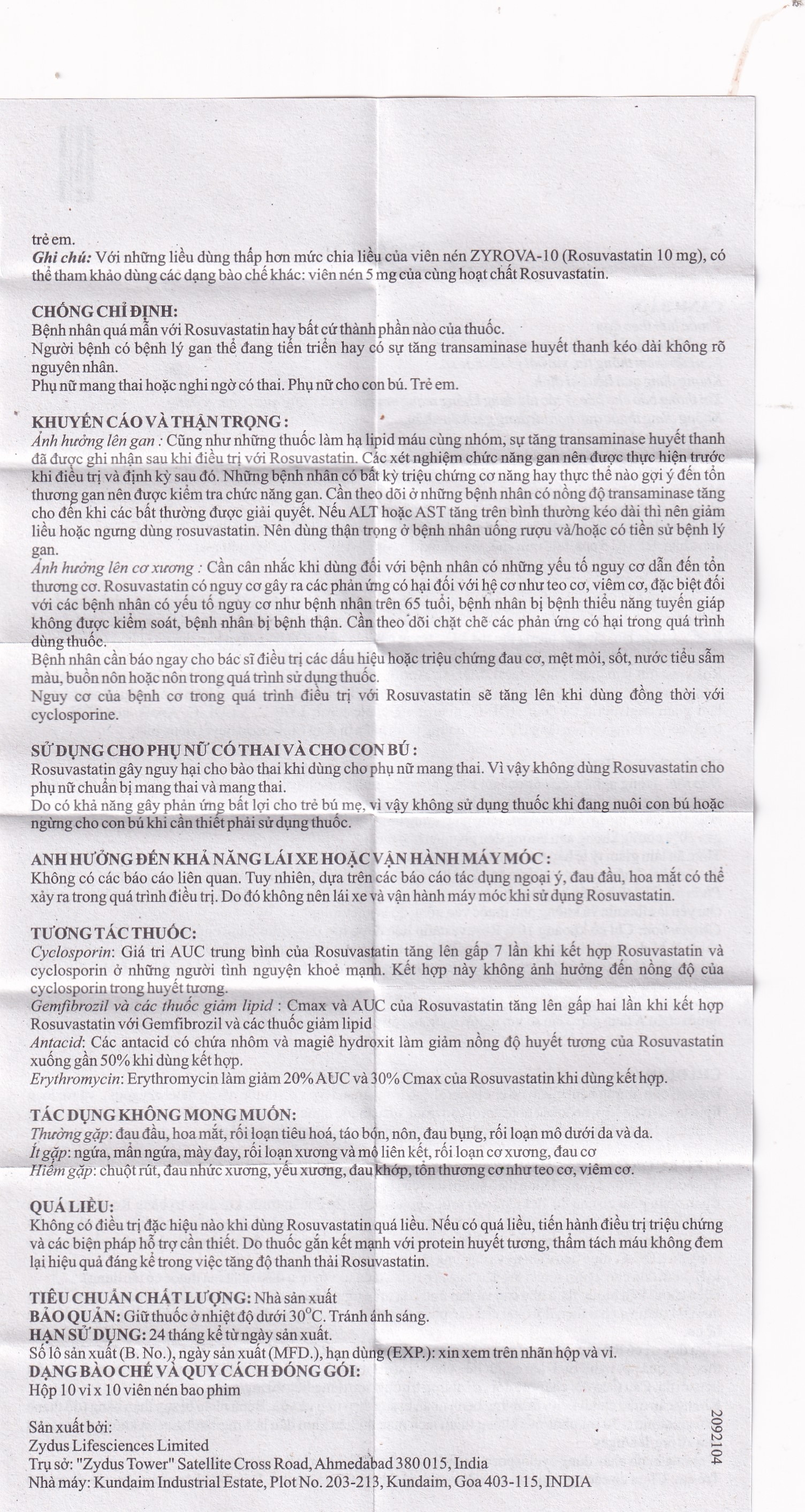Hình ảnh Thuốc Zyrova 10 Zydus điều trị cholesterol cao trong máu (10 vỉ x 10 viên)