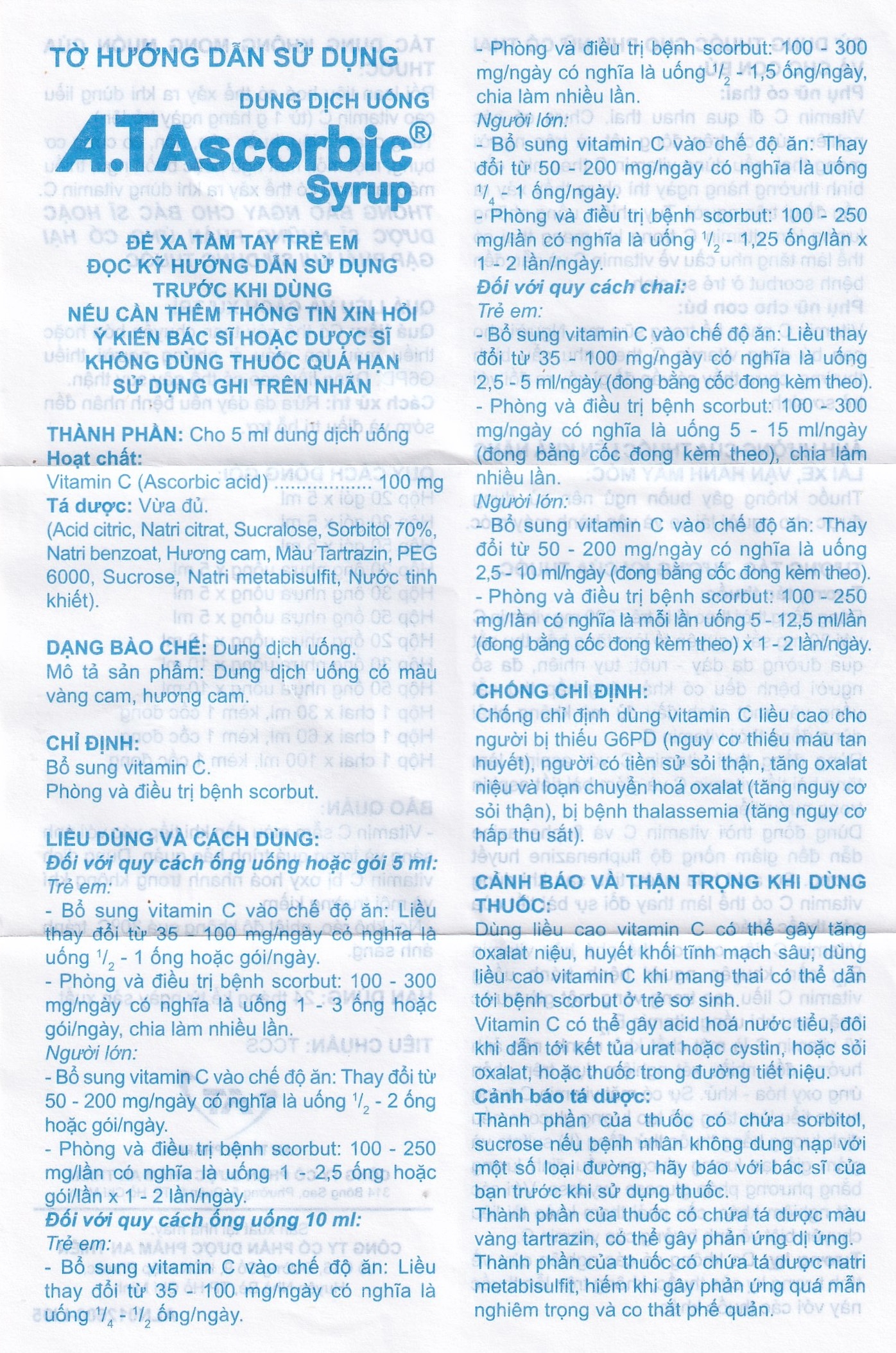 Hình ảnh Siro A.T Ascorbic An Thiên bổ sung vitamin C, phòng và điều trị bệnh scorbut (30 ống x 10ml)