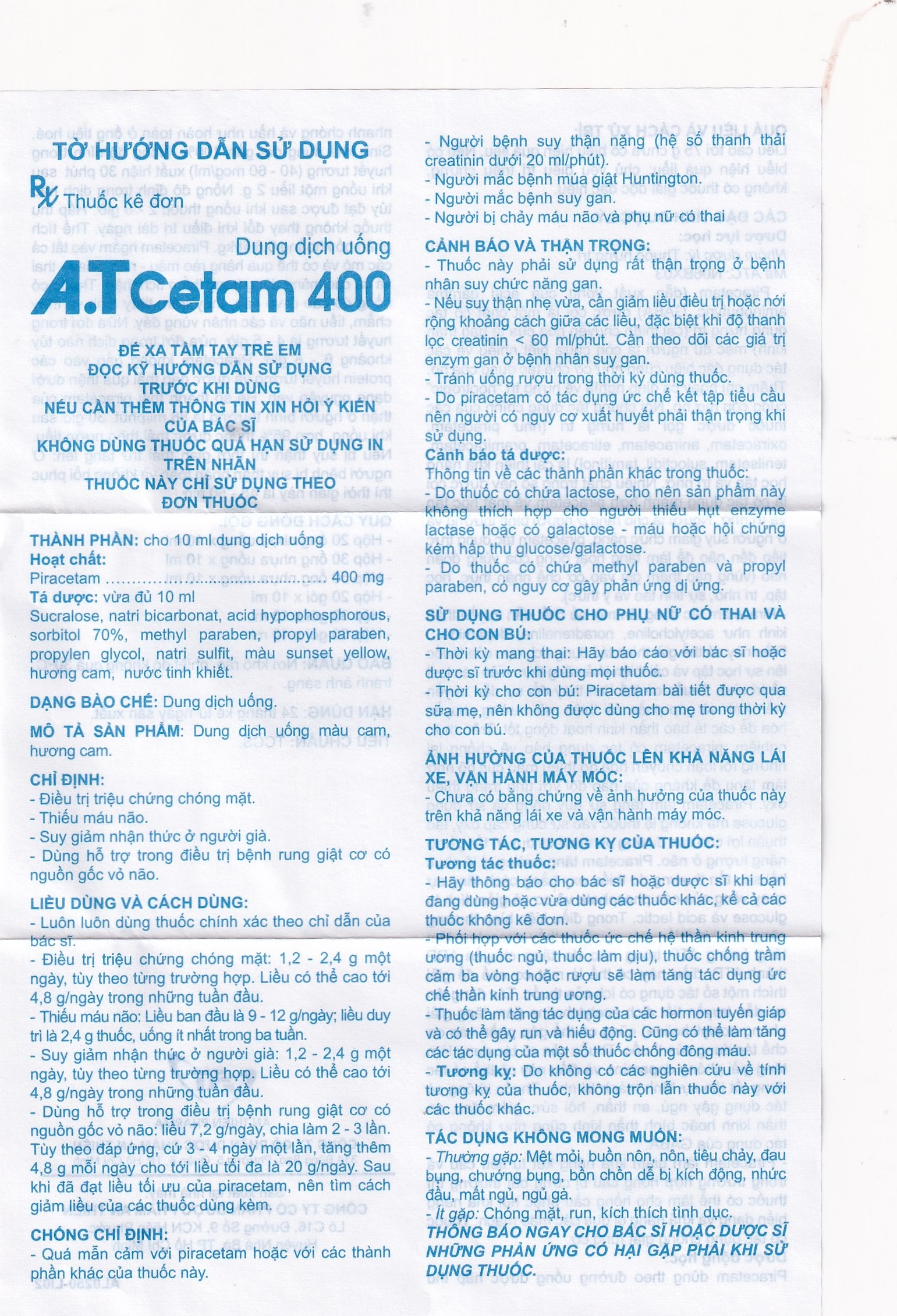 Hình ảnh Thuốc A.T Cetam 400 An Thiên điều trị chóng mặt, giật rung cơ, thiếu máu não, suy giảm nhận thức ở người già (30 ống x 10ml)