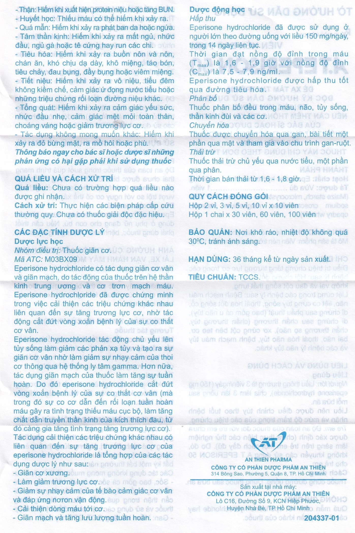 Hình ảnh Thuốc A.Teperison 50 An Thiên Pharma điều trị thoái hóa cột sống cổ, bệnh mạch máu não (3 vỉ x 10 viên)