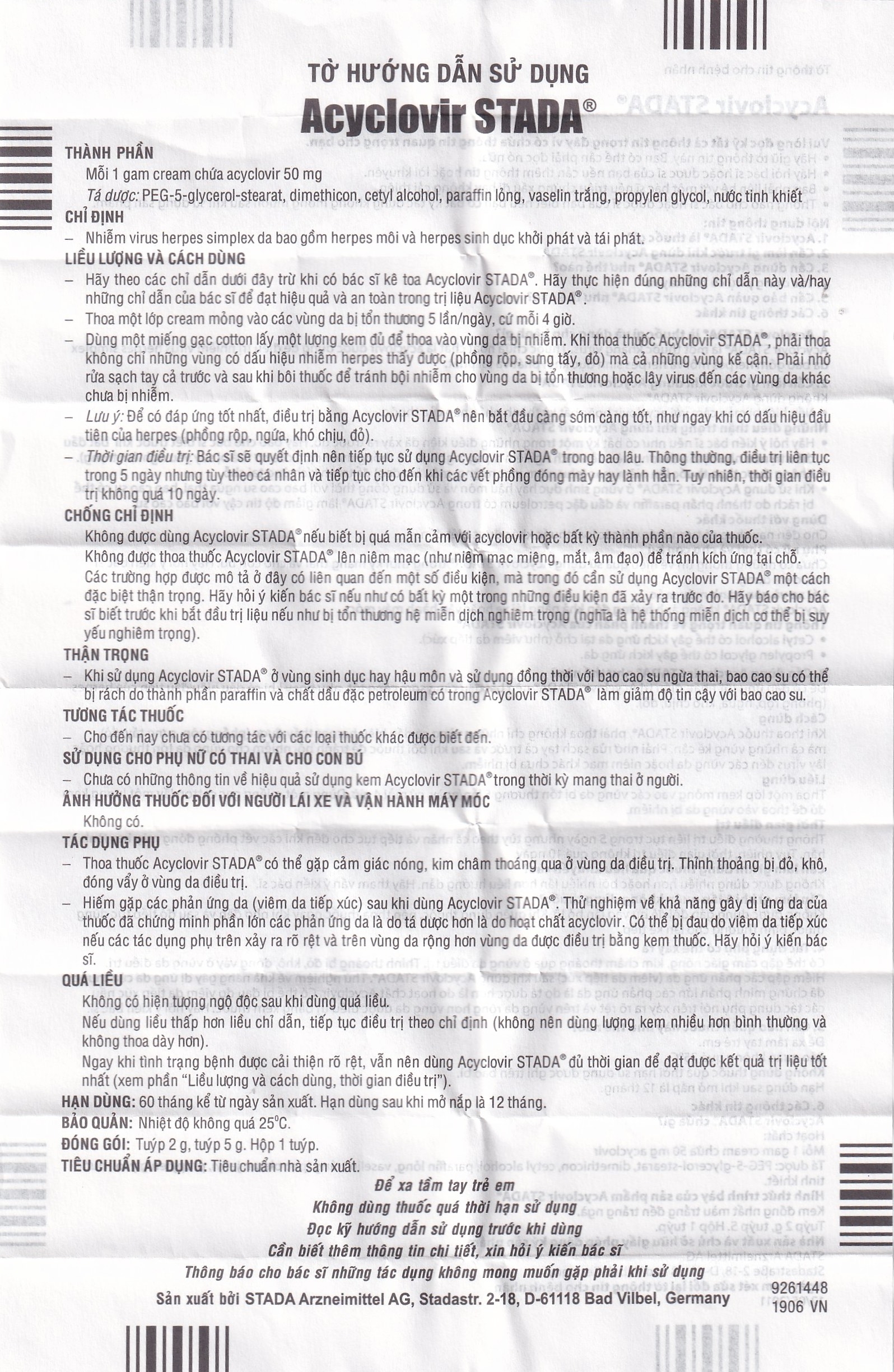 Hình ảnh Kem bôi da Acyclovir Stada Cream điều trị nhiễm virus Herpes simplex (2g)