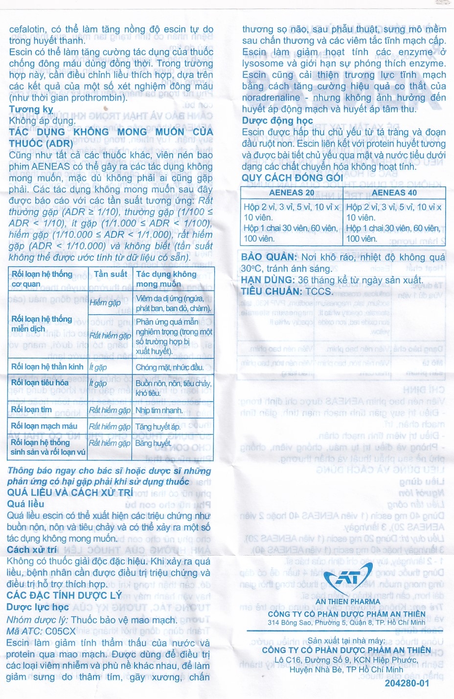 Hình ảnh Thuốc Aeneas 20 An Thiên điều trị phù não, phòng và điều trị tụ máu (3 vỉ x 10 viên)