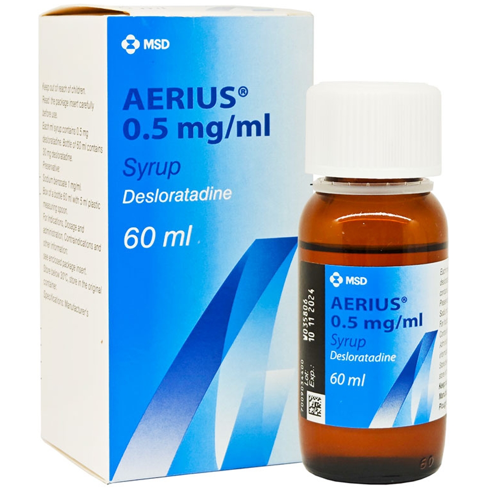 Hình ảnh Siro Aerius 60ml Organon giảm viêm mũi dị ứng, hắt hơi, sổ mũi, ngứa mũi, sung huyết
