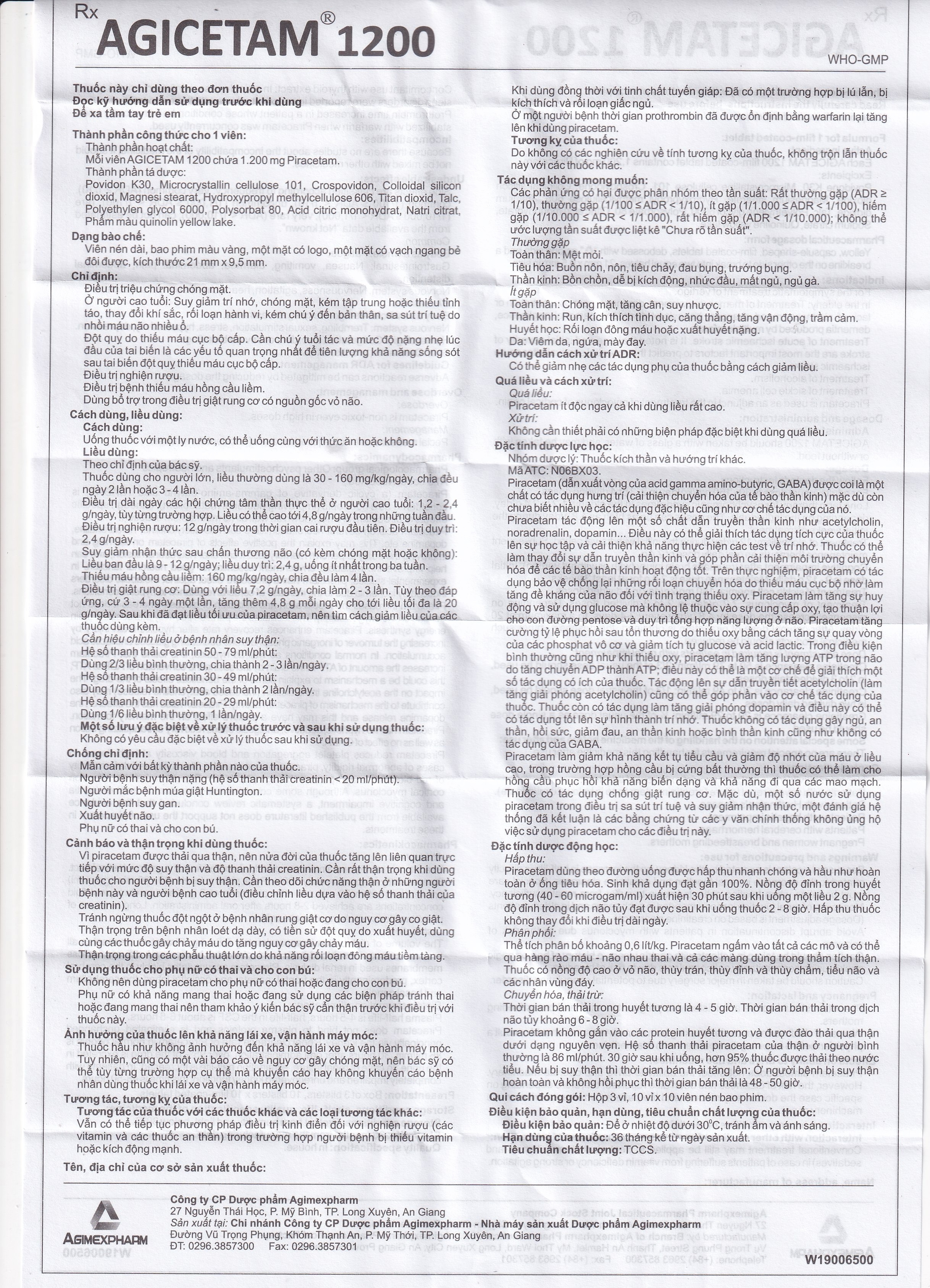 Hình ảnh Thuốc Agicetam 1200 Agimexpharm điều trị chóng mặt, suy giảm trí nhớ, đột quỵ do thiếu máu cục bộ cấp (3 vỉ x 10 viên)
