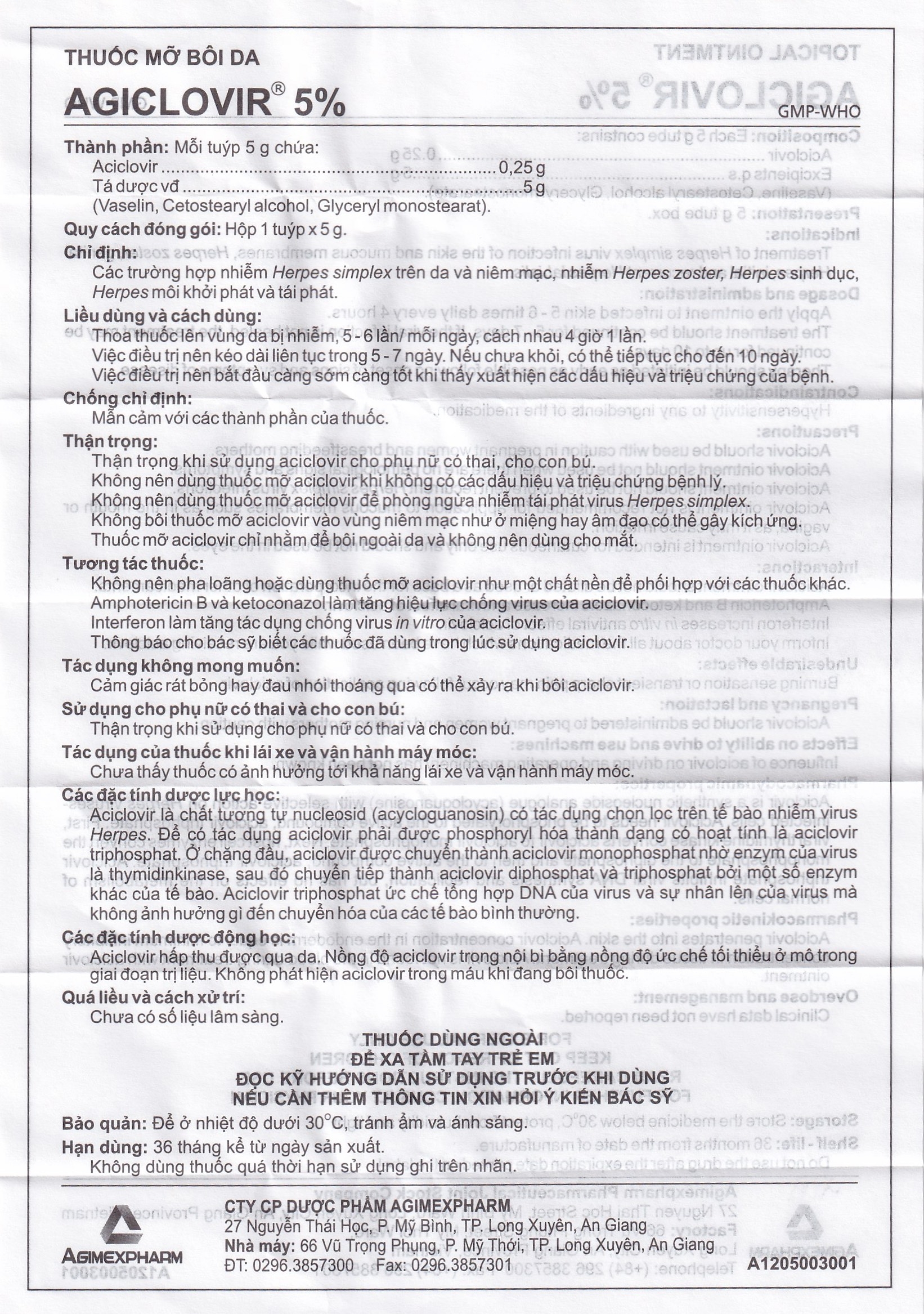 Hình ảnh Thuốc mỡ bôi da Agiclovir 5% Agimexpharm điều trị nhiễm Herpes simplex, Herpes zoster, Herpes sinh dục (5g)
