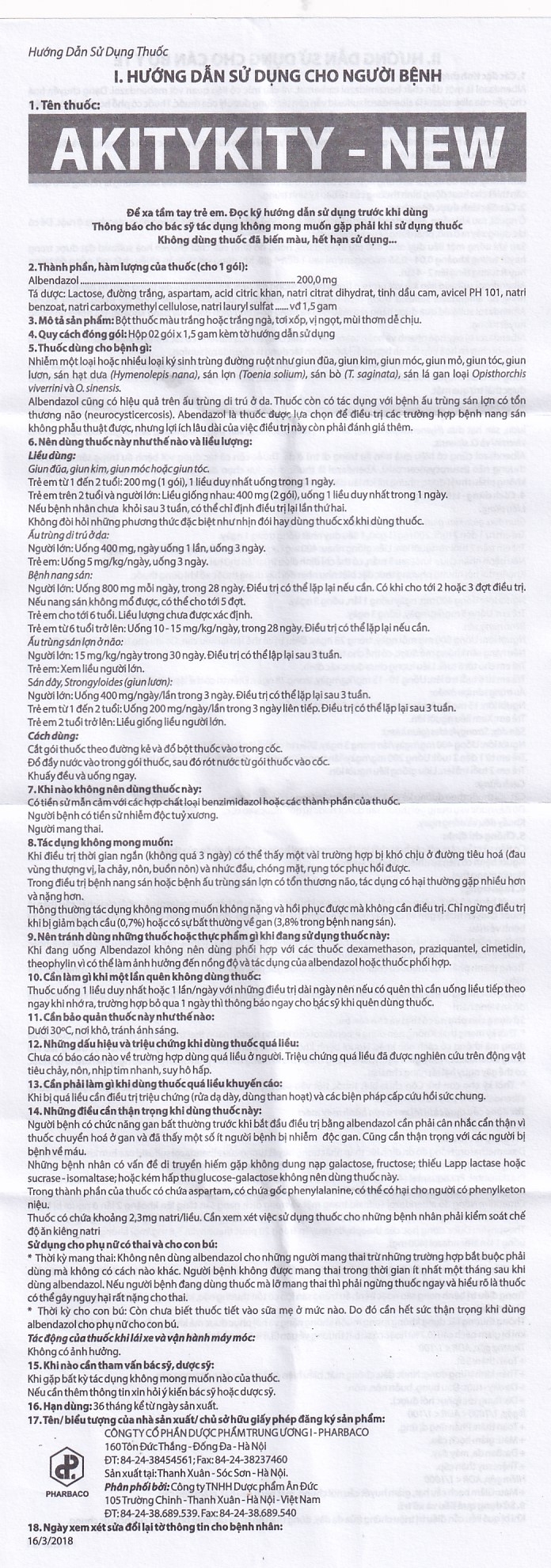 Hình ảnh Hỗn dịch uống Akitykity-New 200mg Pharbaco vị ngọt hương cam diệt các loại giun sán, ấu trùng và trứng (2 gói x 1.5g)