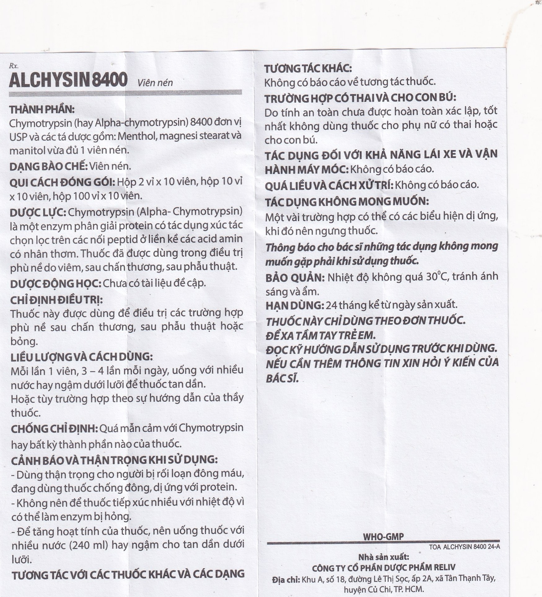 Hình ảnh Thuốc Alchysin 8400 Reliv điều trị các trường hợp phù nề sau chấn thương (2 vỉ x 10 viên)
