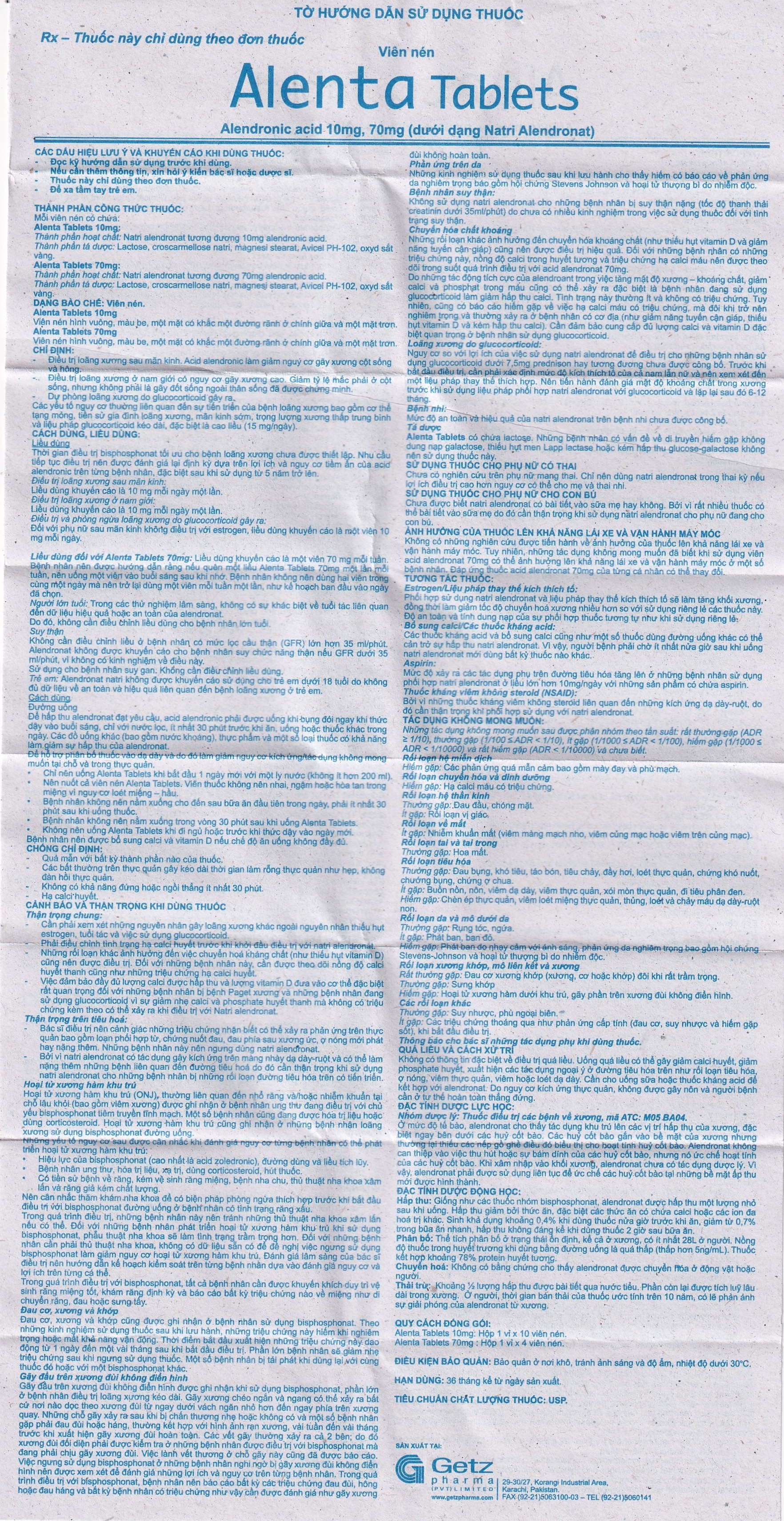 Hình ảnh Thuốc Alenta 70mg Getz điều trị loãng xương (1 vỉ x 4 viên)