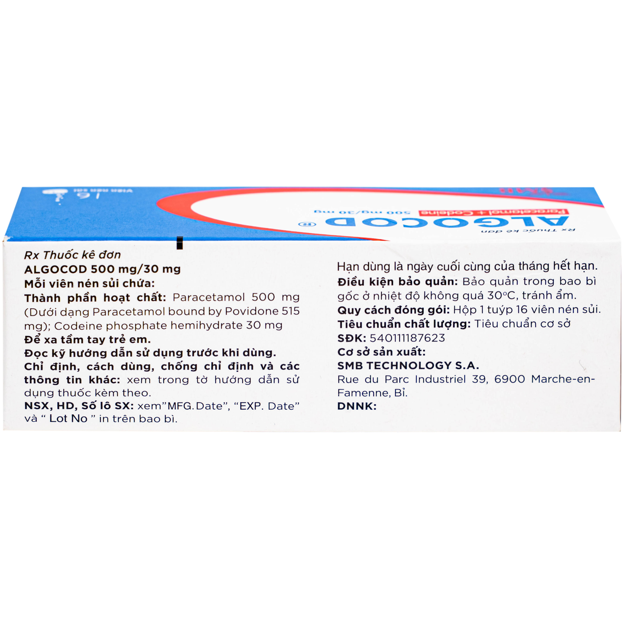Hình ảnh Viên sủi Algocod Codeine 500mg/30mg SMB giảm đau cấp tính ở mức độ trung bình (1 tuýp x 16 viên)