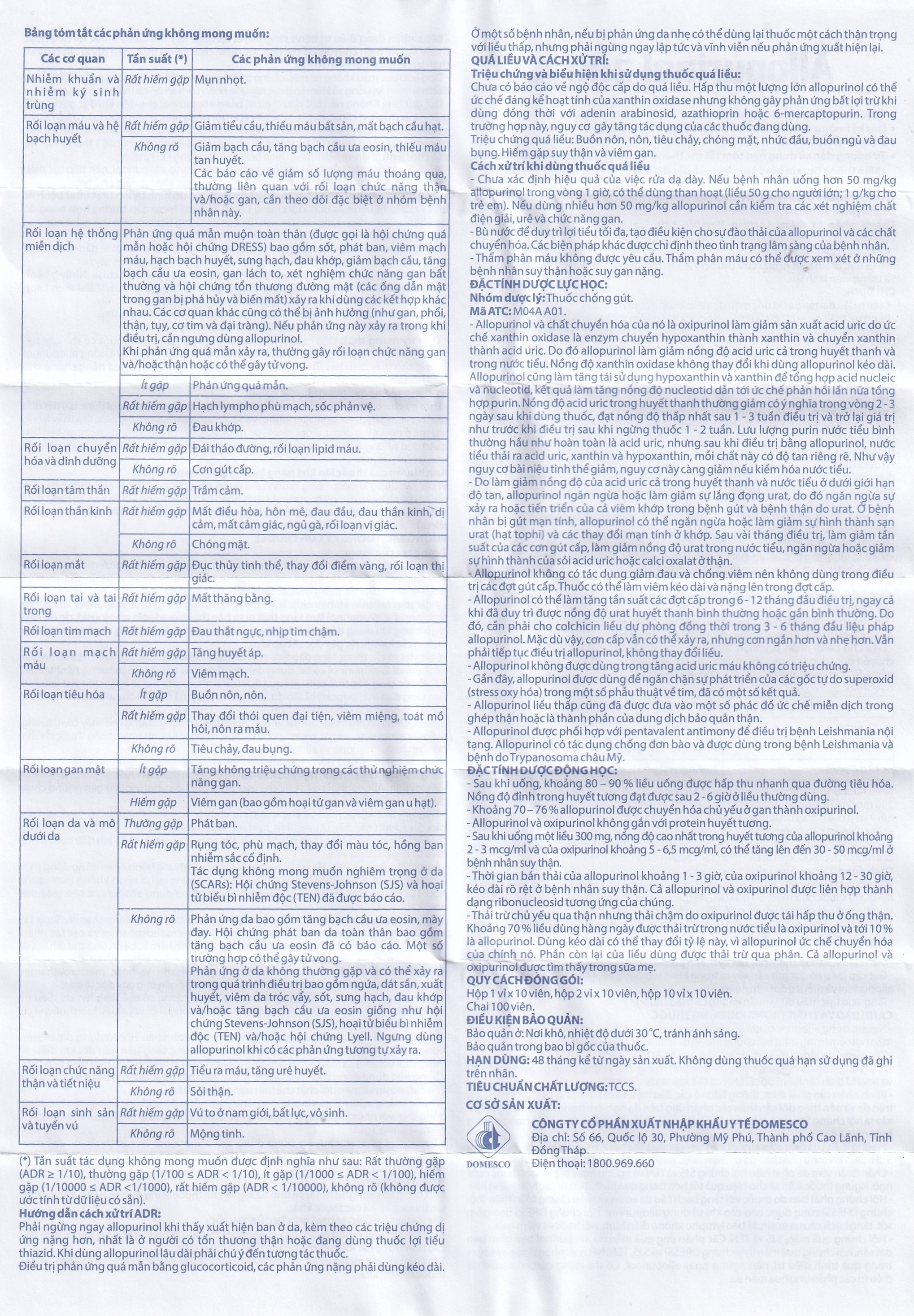 Hình ảnh Thuốc Allopurinol 300mg Domesco điều trị tăng acid uric máu, sỏi thận (2 vỉ x 10 viên)