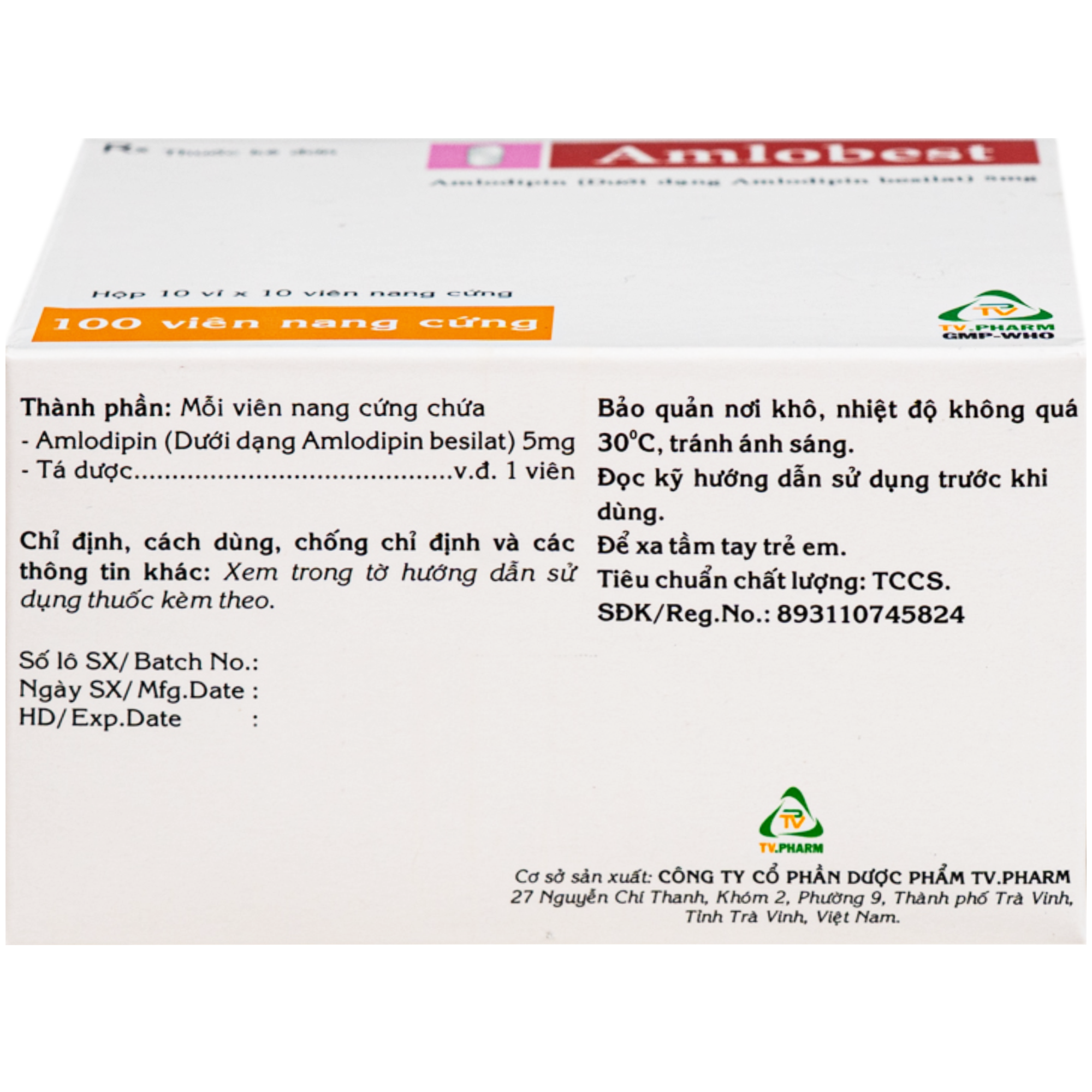Hình ảnh Thuốc Amlobest 5mg TV.Pharm điều trị tăng huyết áp và dự phòng đau thắt ngực ổn định (10 vỉ x 10 viên)