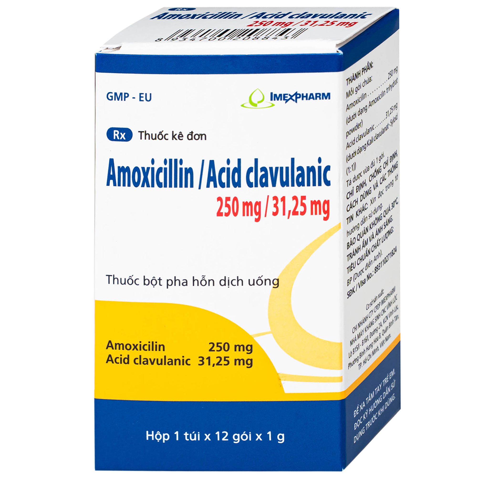 Hình ảnh Thuốc Amoxicillin/Acid clavulanic 250mg/31,25 mg Imexpharm điều trị nhiễm khuẩn (Hộp 12 gói)