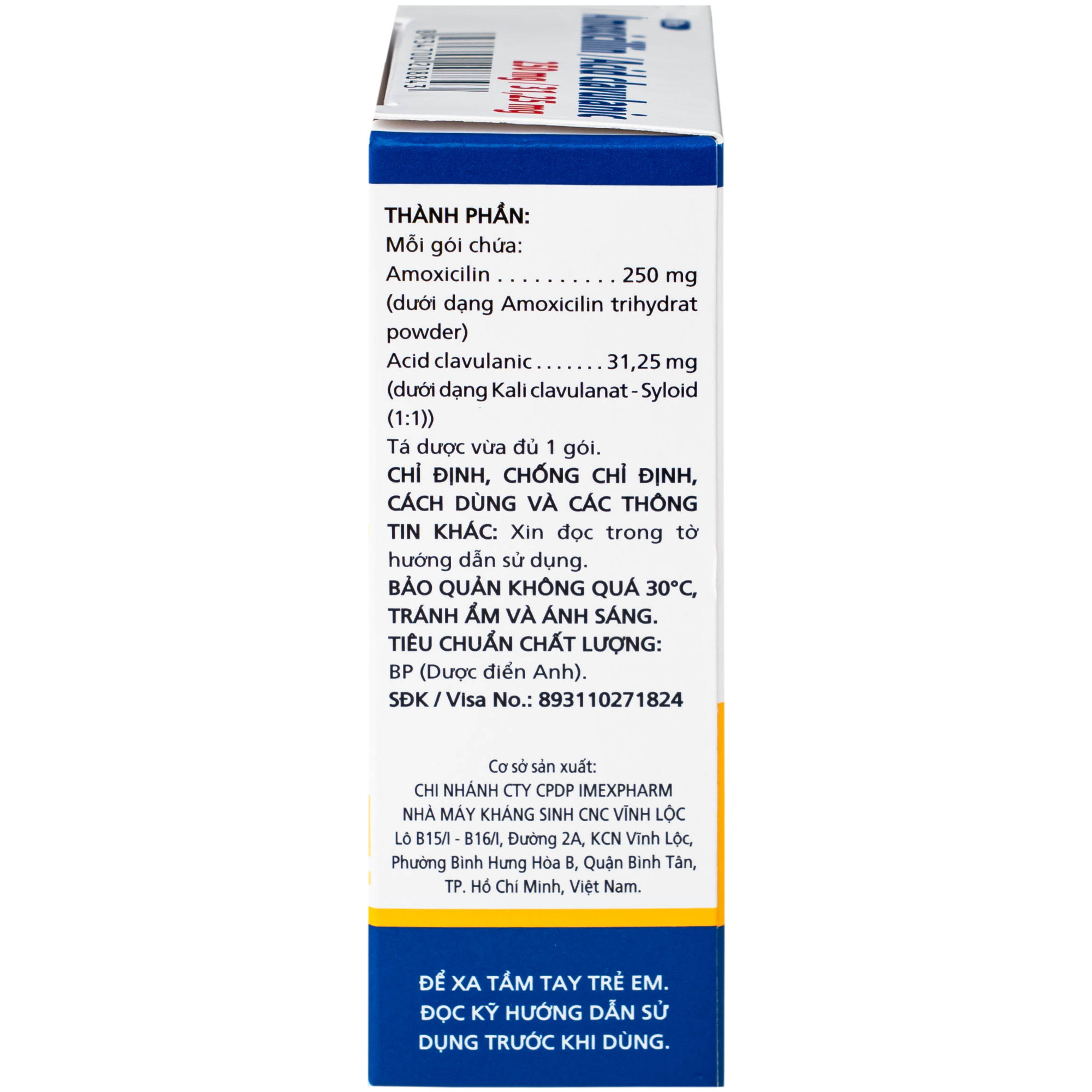 Hình ảnh Thuốc Amoxicillin/Acid clavulanic 250mg/31,25 mg Imexpharm điều trị nhiễm khuẩn (Hộp 12 gói)