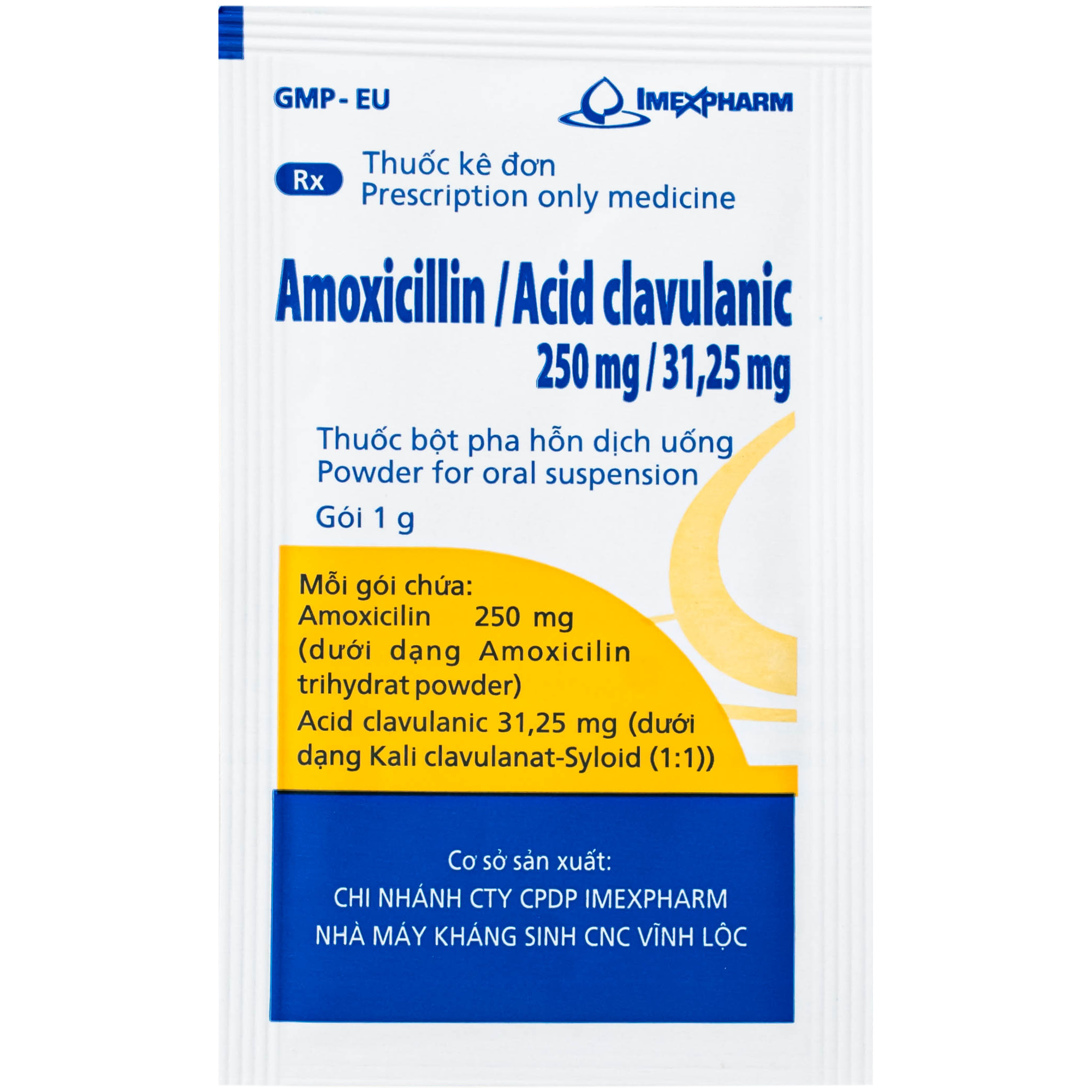 Hình ảnh Thuốc Amoxicillin/Acid clavulanic 250mg/31,25 mg Imexpharm điều trị nhiễm khuẩn (Hộp 12 gói)