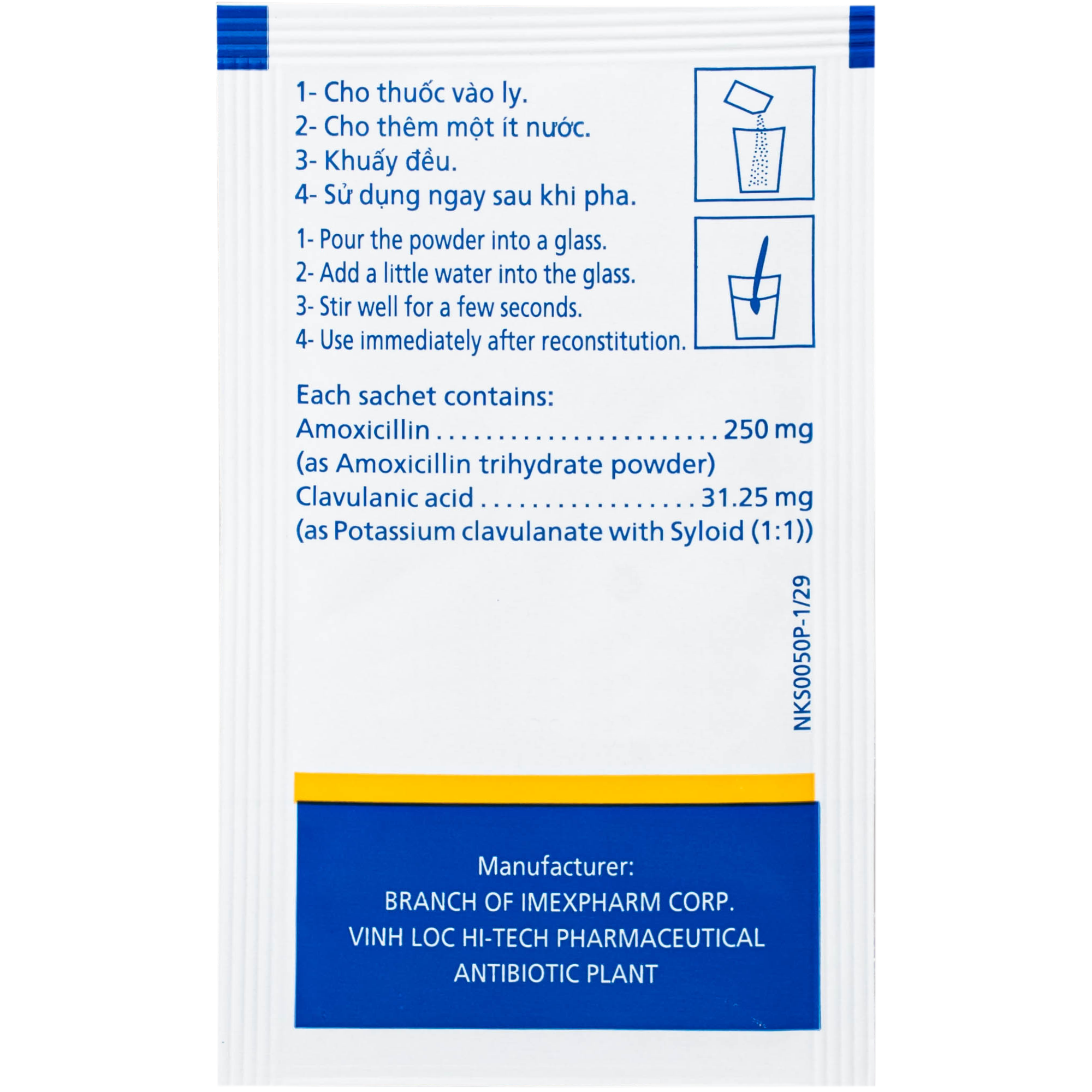 Hình ảnh Thuốc Amoxicillin/Acid clavulanic 250mg/31,25 mg Imexpharm điều trị nhiễm khuẩn (Hộp 12 gói)