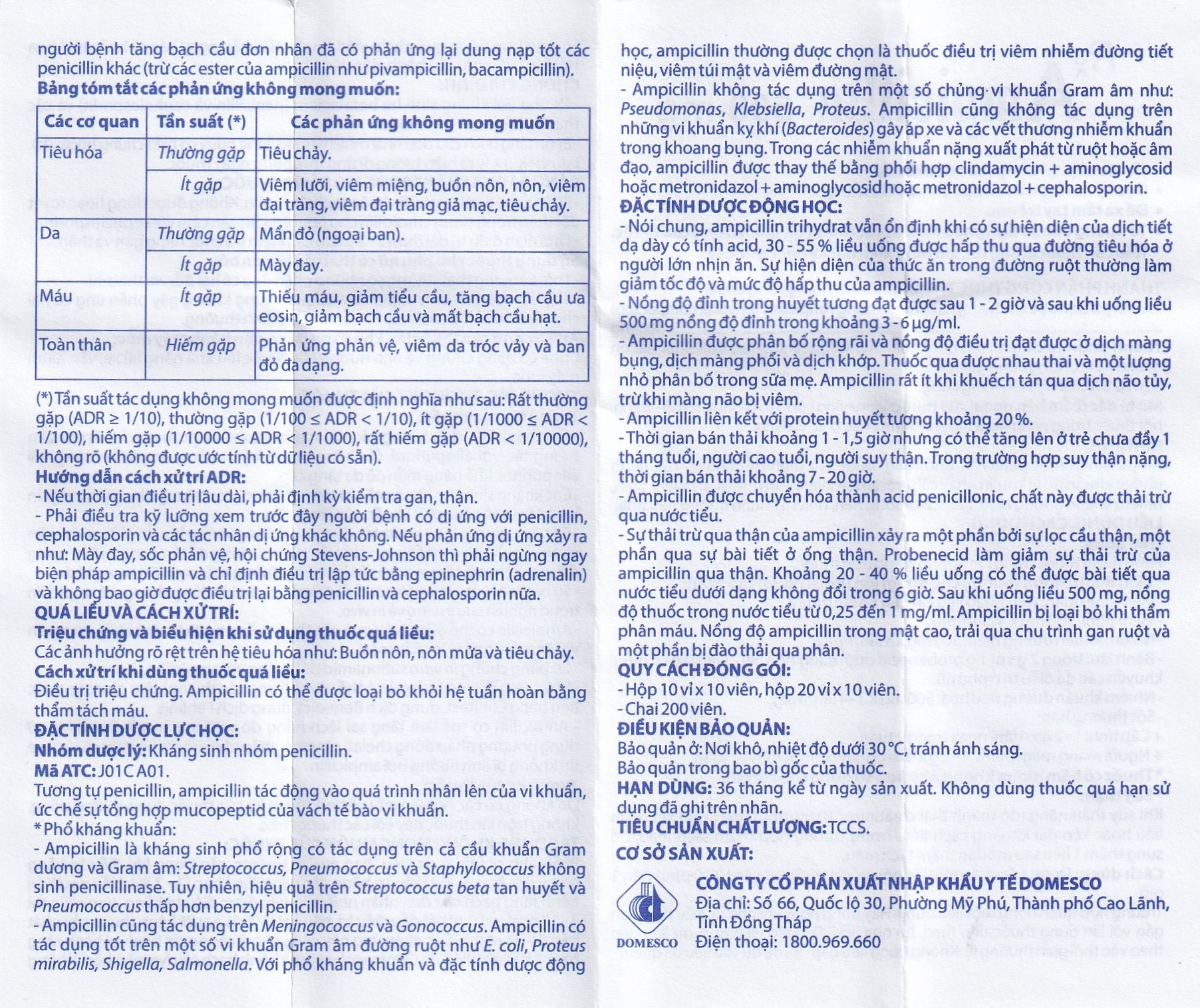 Hình ảnh Thuốc Ampicillin 500mg Domesco điều trị nhiễm khuẩn (10 vỉ x 10 viên)