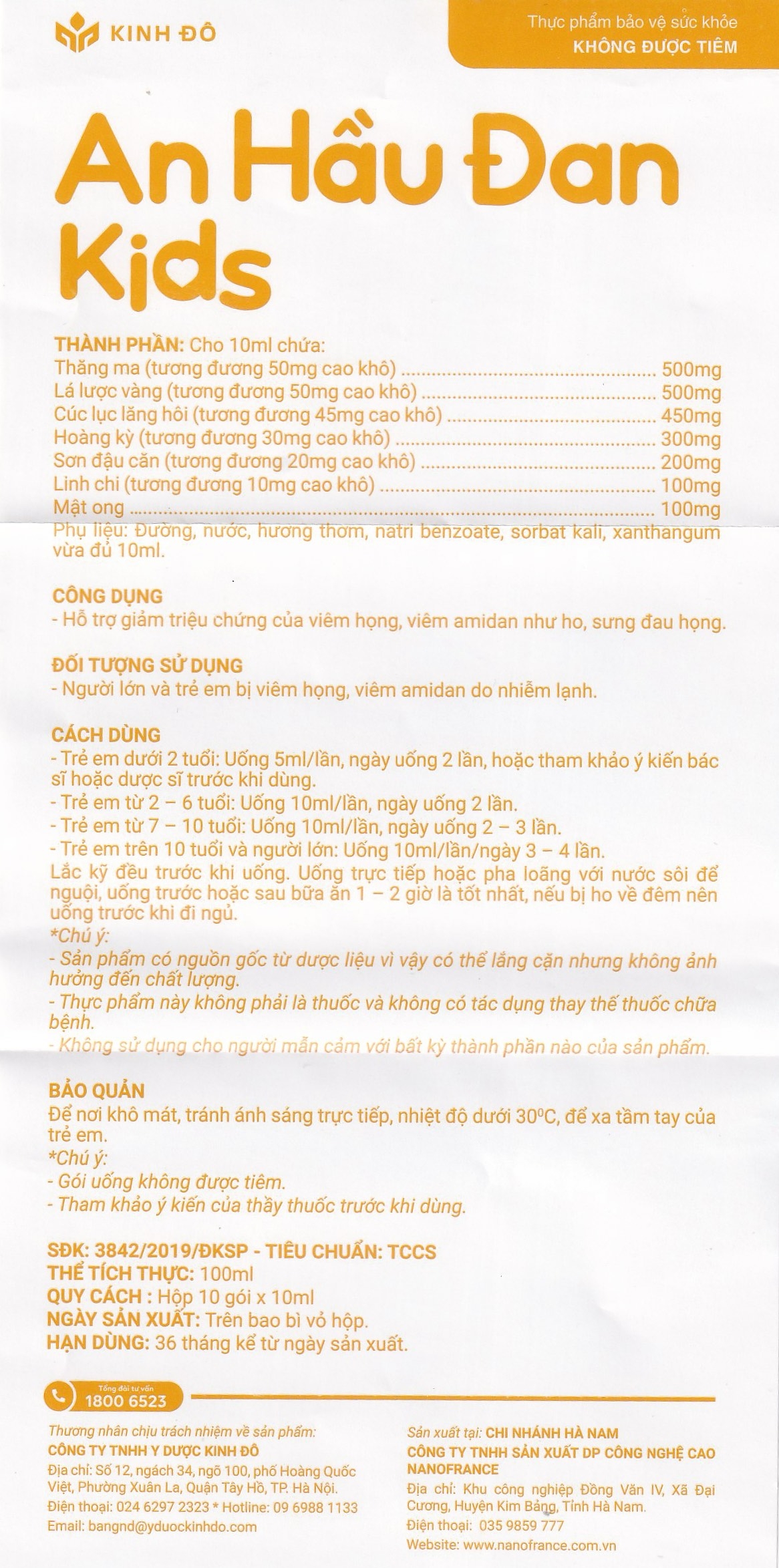 Hình ảnh Thực phẩm bảo vệ sức khoẻ An Hầu Đan Kids Kinh Đô hỗ trợ giảm triệu chứng của viêm họng (10 gói x 10ml)