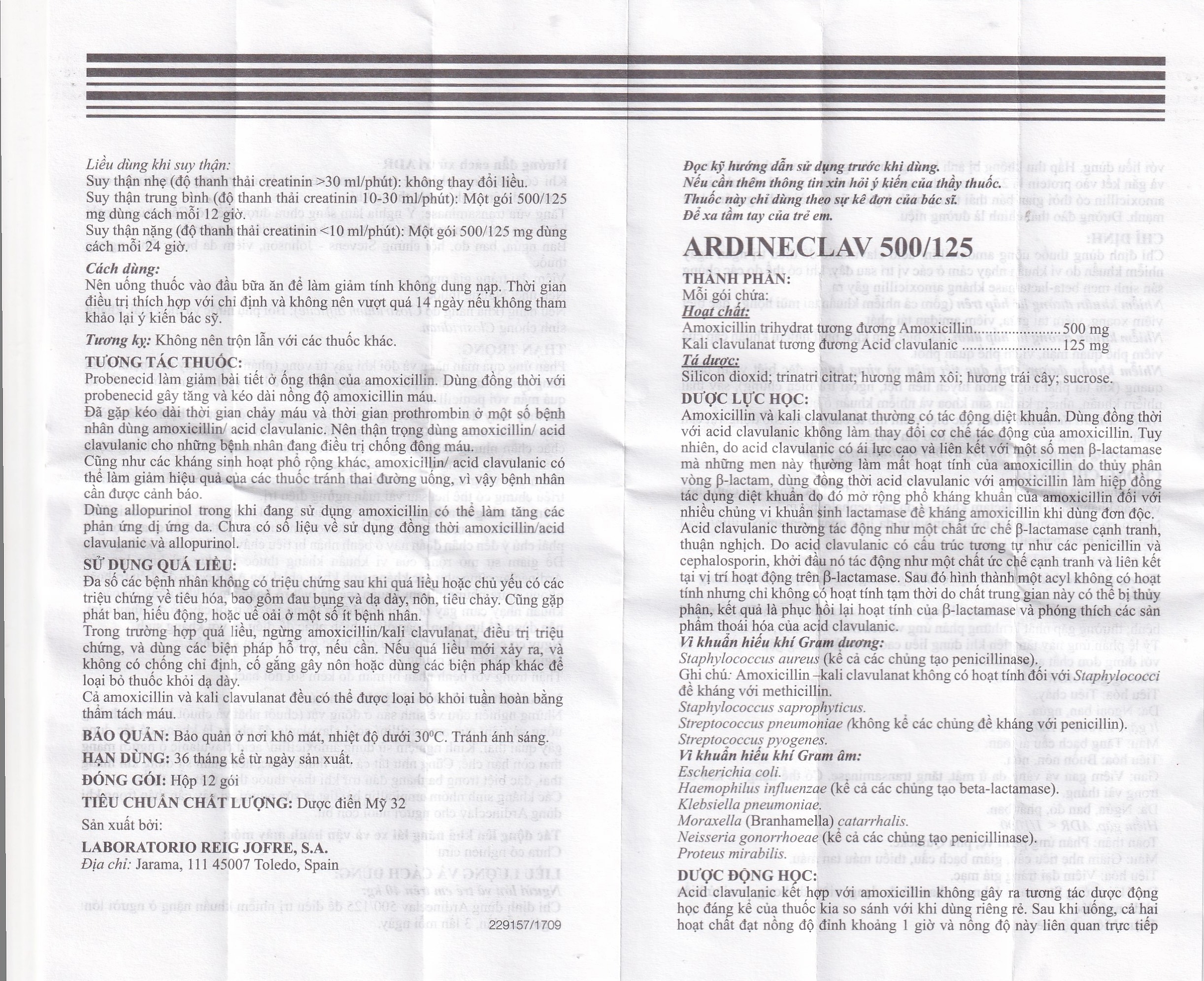 Hình ảnh Bột pha hỗn dịch uống Ardineclav 500/125 Laboratorio Reig Jofre điều trị ngắn ngày nhiễm khuẩn (12 gói)