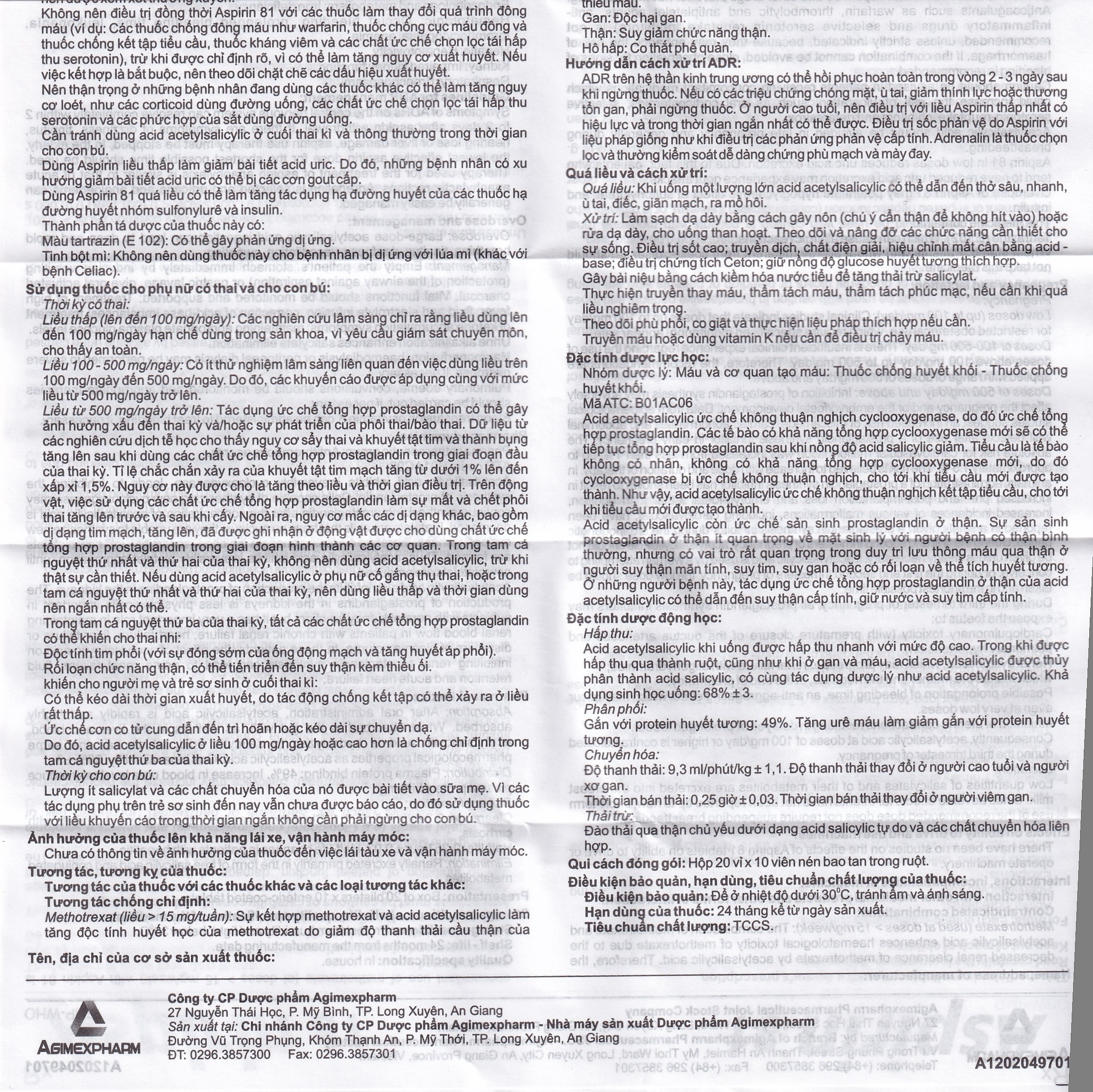 Hình ảnh Thuốc Aspirin 81 Agimexpharm phòng ngừa nhồi máu cơ tim, đột quỵ (20 vỉ x 10 viên)