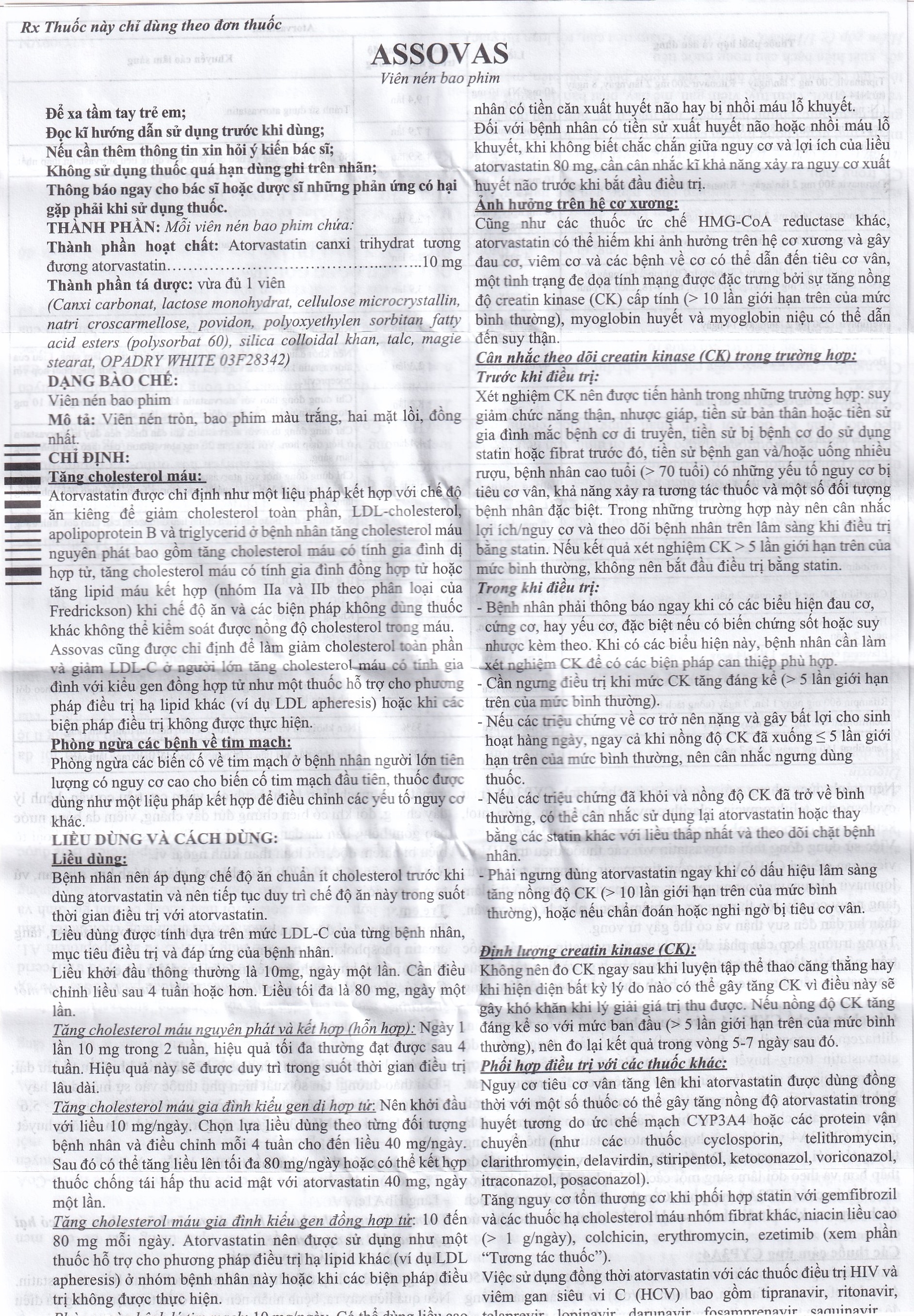Hình ảnh Thuốc Assovas 10mg Assopharma điều trị tăng cholesterol máu nguyên phát (3 vỉ x 10 viên)
