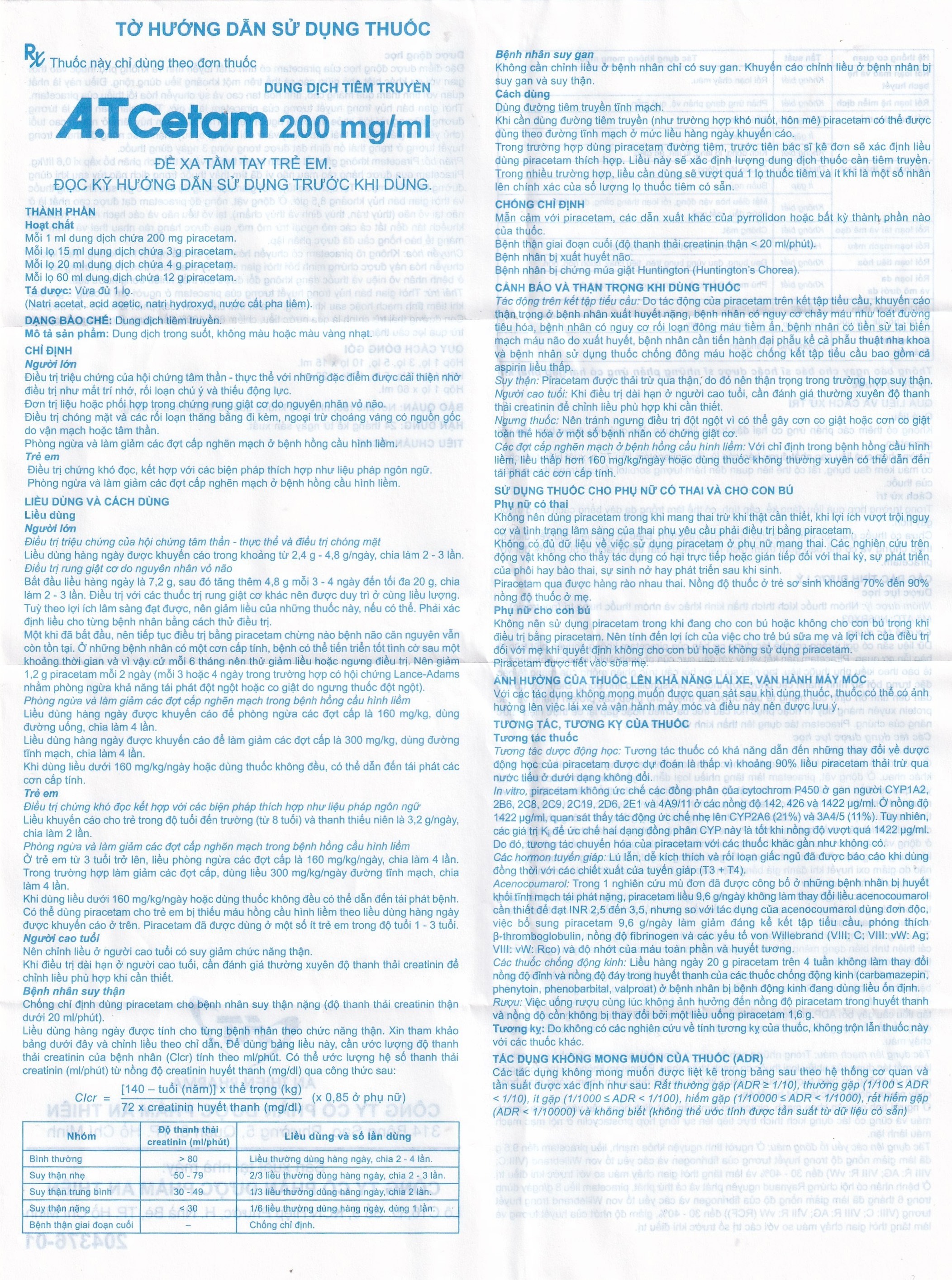 Hình ảnh Dung dịch tiêm truyền A.T Cetam 200mg/ml An Thiên điều trị triệu chứng của hội chứng tâm thần (60ml)