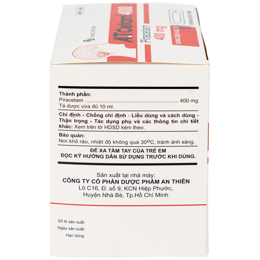 Hình ảnh Thuốc A.T Cetam 400 An Thiên điều trị chóng mặt, giật rung cơ, thiếu máu não, suy giảm nhận thức ở người già (30 ống x 10ml)