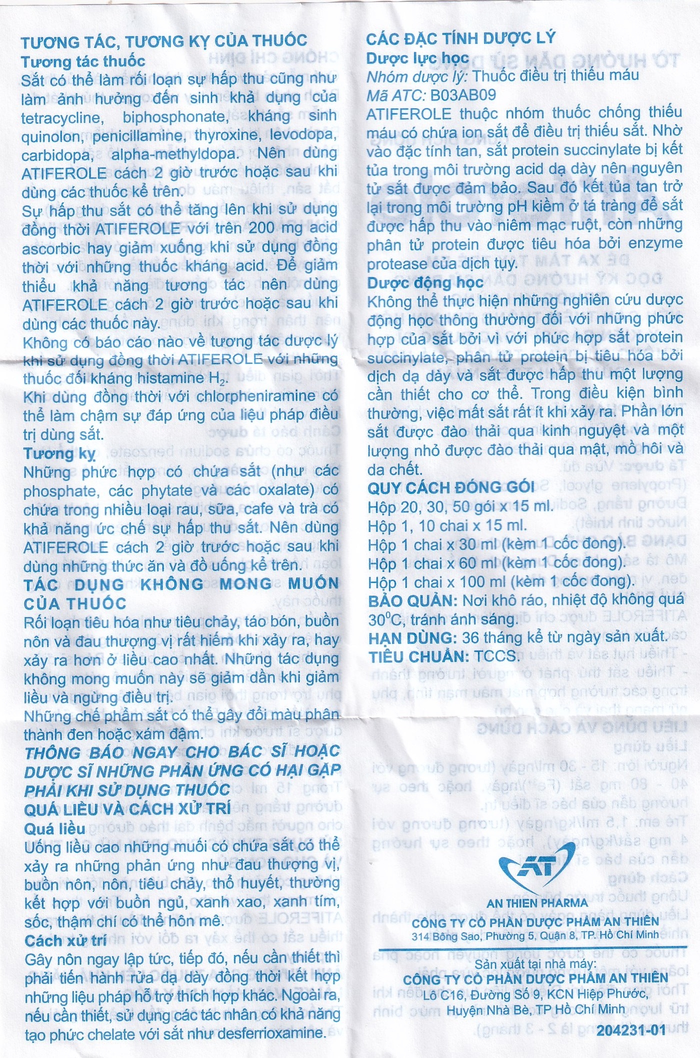 Hình ảnh Dung dịch uống Atiferole 800mg/15ml An Thiên điều trị tình trạng thiếu hụt sắt và thiếu máu