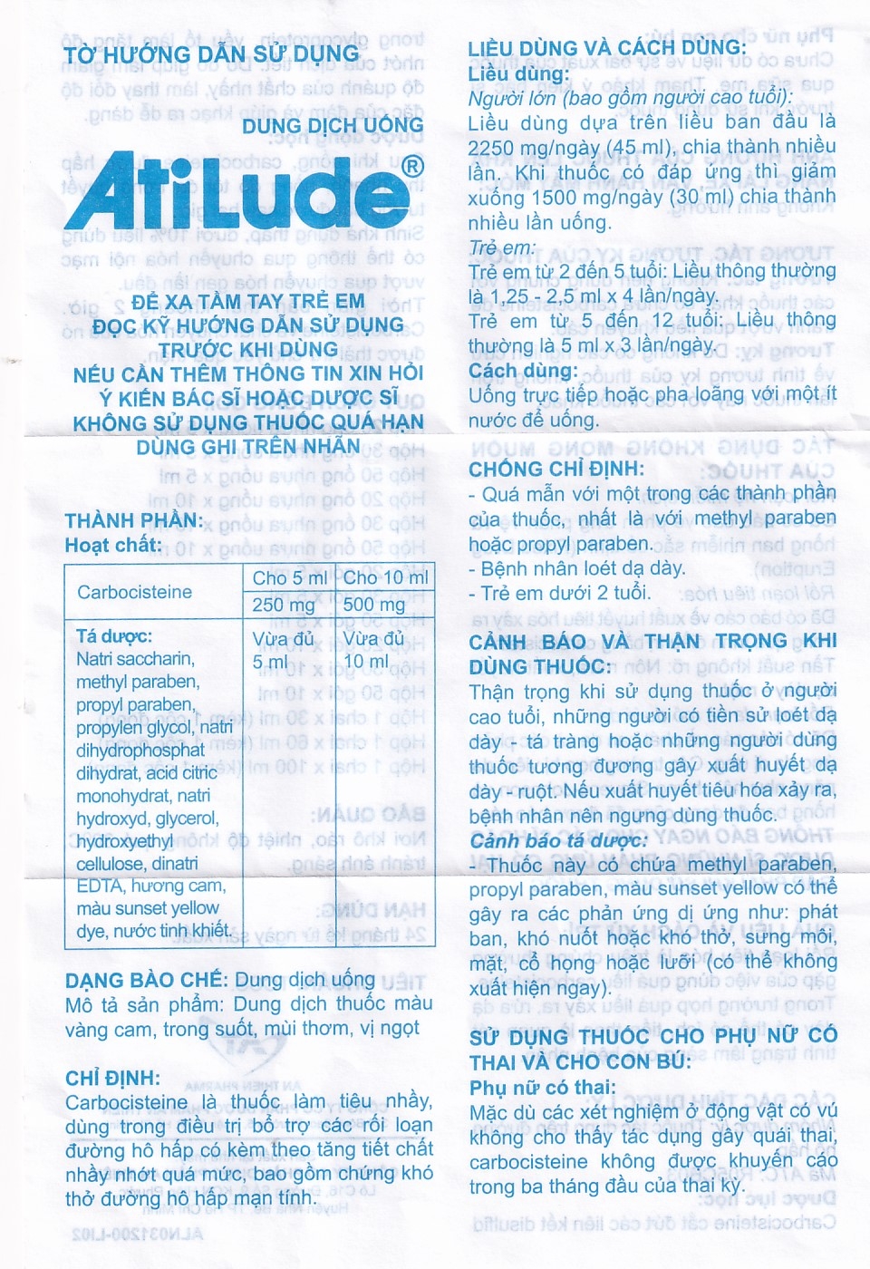 Hình ảnh Dung dịch uống AtiLude 250mg/5ml An Thiên tiêu nhầy, rối loạn đường hô hấp (6 vỉ x 5 ống x 5ml)