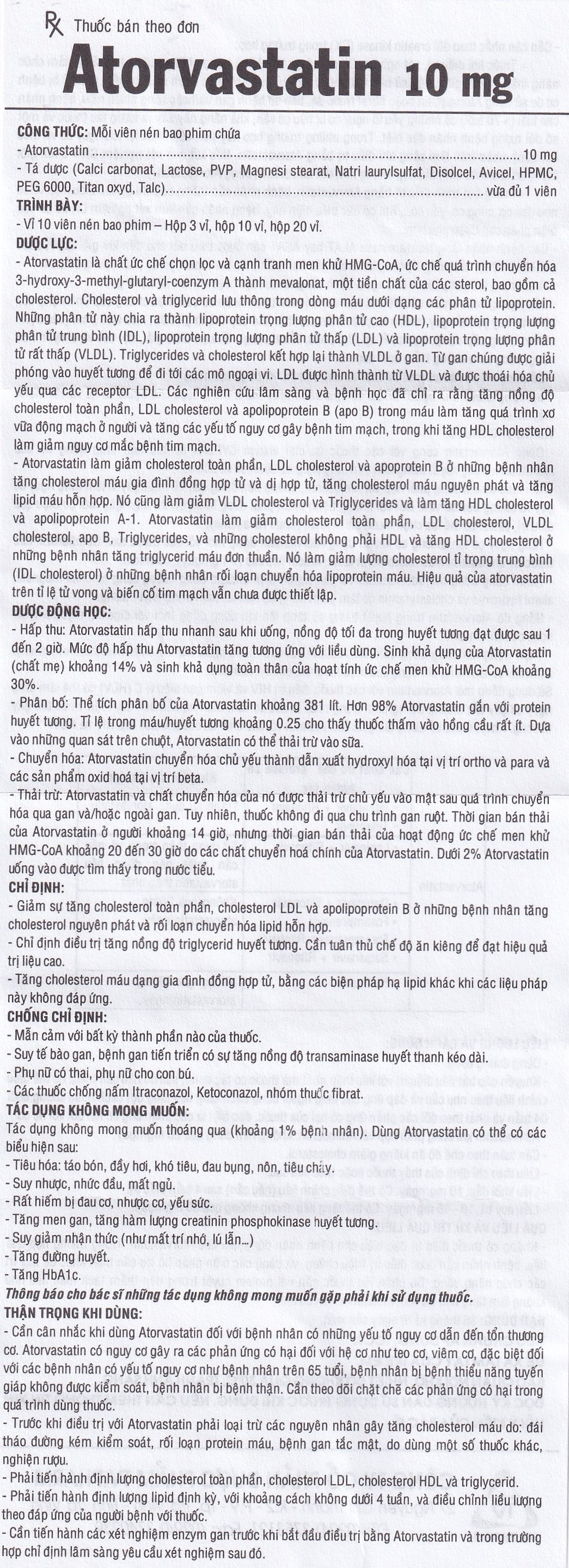 Hình ảnh Thuốc Atorvastatin 10mg TV.Pharm điều trị tăng cholesterol toàn phần, LDL-cholesterol (3 vỉ x 10 viên)