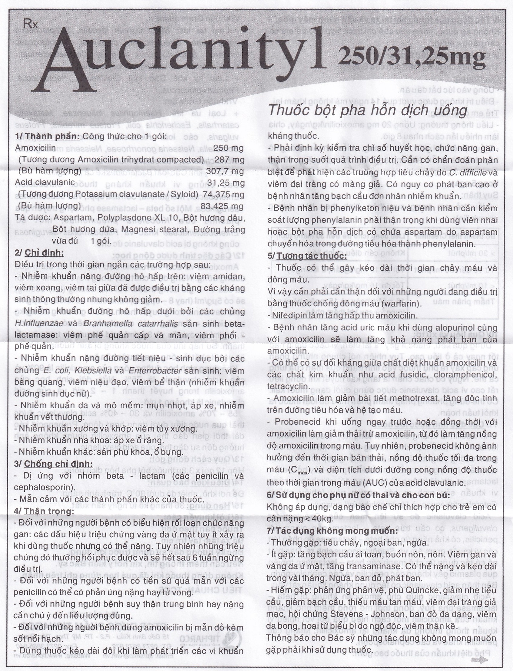 Hình ảnh Bột Auclanityl 250/31.25mg Tipharco điều trị nhiễm khuẩn (12 gói x 3,8g) 