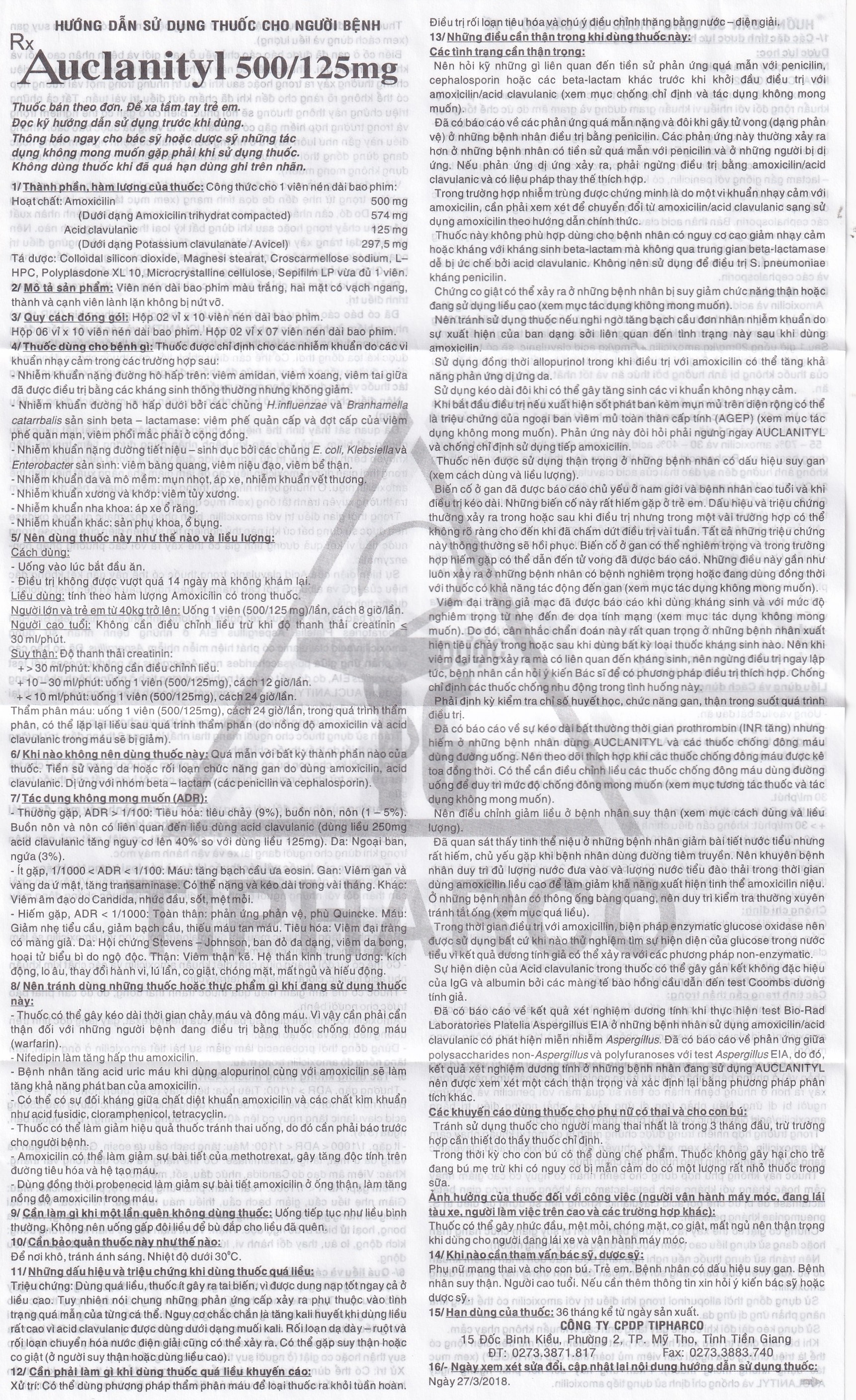 Hình ảnh Thuốc Auclanityl 500/125mg Tipharco điều trị nhiễm khuẩn (2 vỉ x 10 viên)