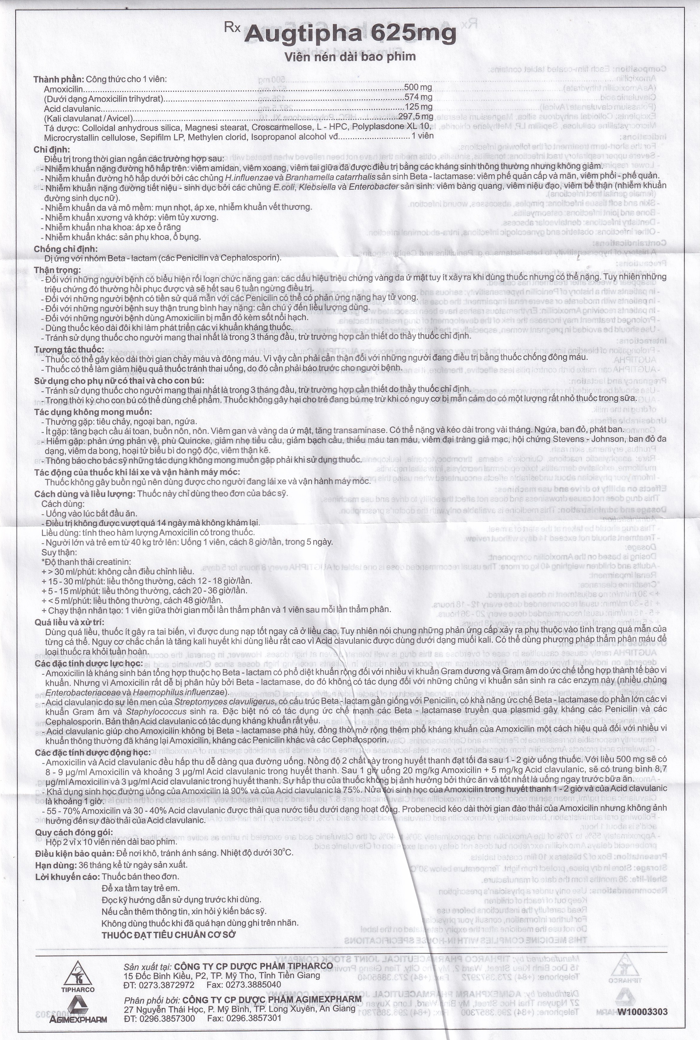 Hình ảnh Thuốc Augtipha 625mg Tipharco điều trị nhiễm khuẩn (2 vỉ x 10 viên)